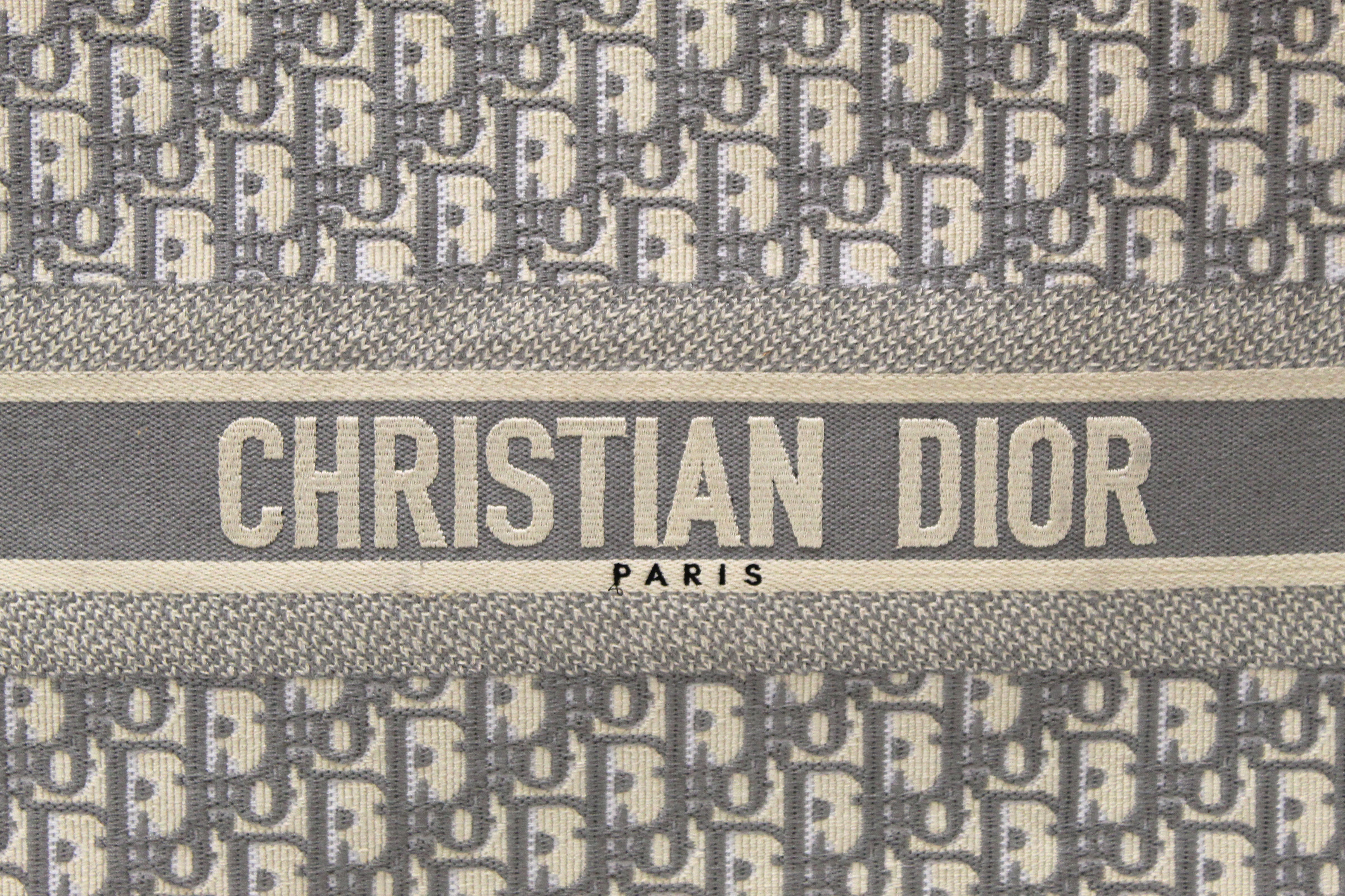 Authentic Christian Dior Ecru And Gray Dior Oblique Embroidery Large Dior Book Tote