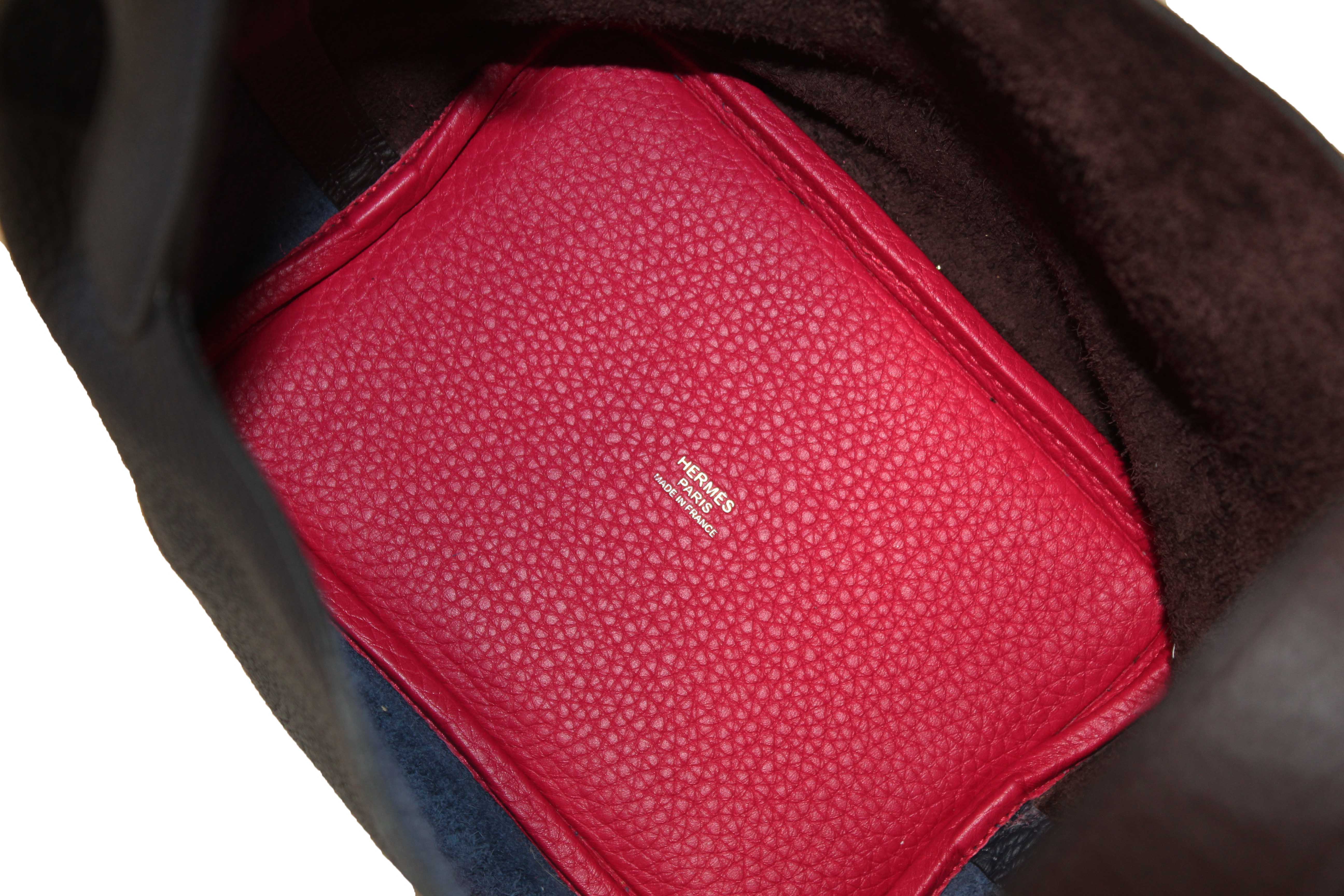 Authentic Hermes Bleu Nuit Rouge Sellier Framboise Taurillon Clemence Casaque Picotin Lock 18 PM Handbag