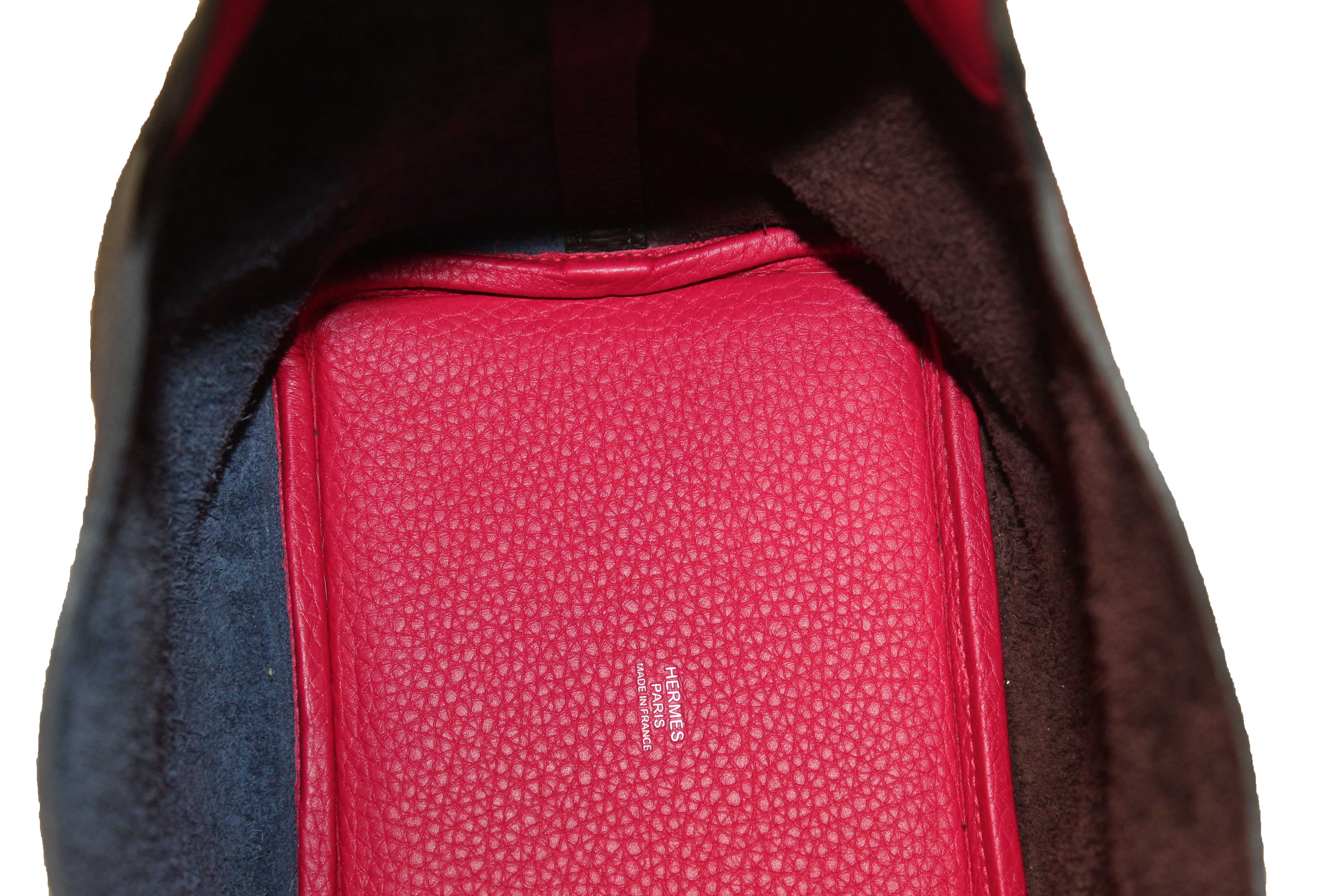 Authentic Hermes Bleu Nuit Rouge Sellier Framboise Taurillon Clemence Casaque Picotin Lock 18 PM Handbag