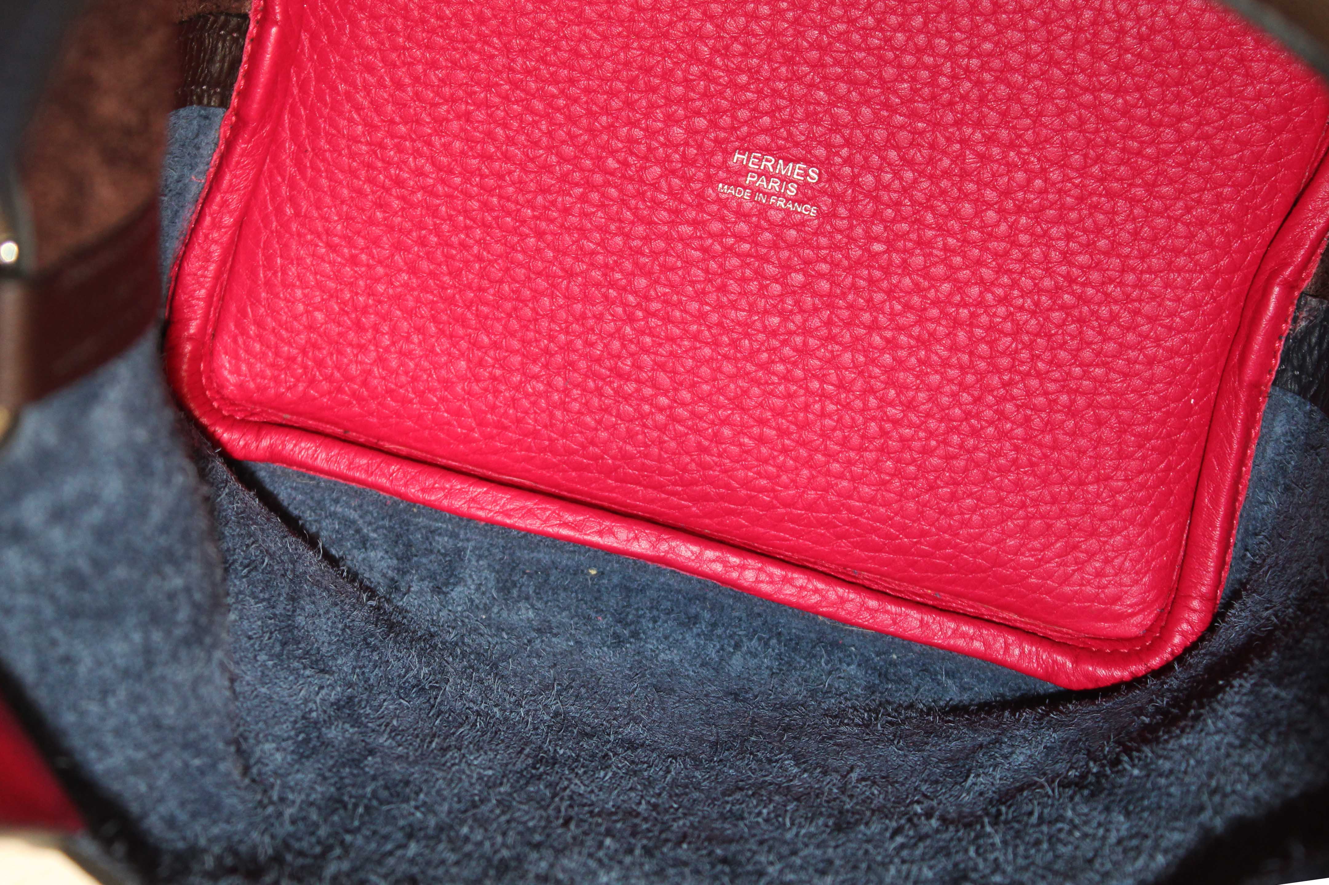 Authentic Hermes Bleu Nuit Rouge Sellier Framboise Taurillon Clemence Casaque Picotin Lock 18 PM Handbag