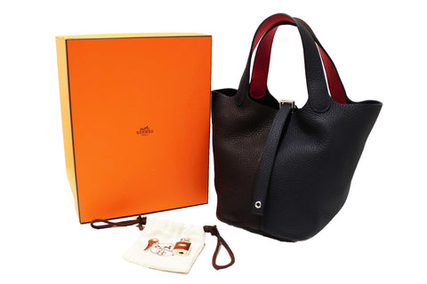 Authentic Hermes Bleu Nuit Rouge Sellier Framboise Taurillon Clemence Casaque Picotin Lock 18 PM Handbag
