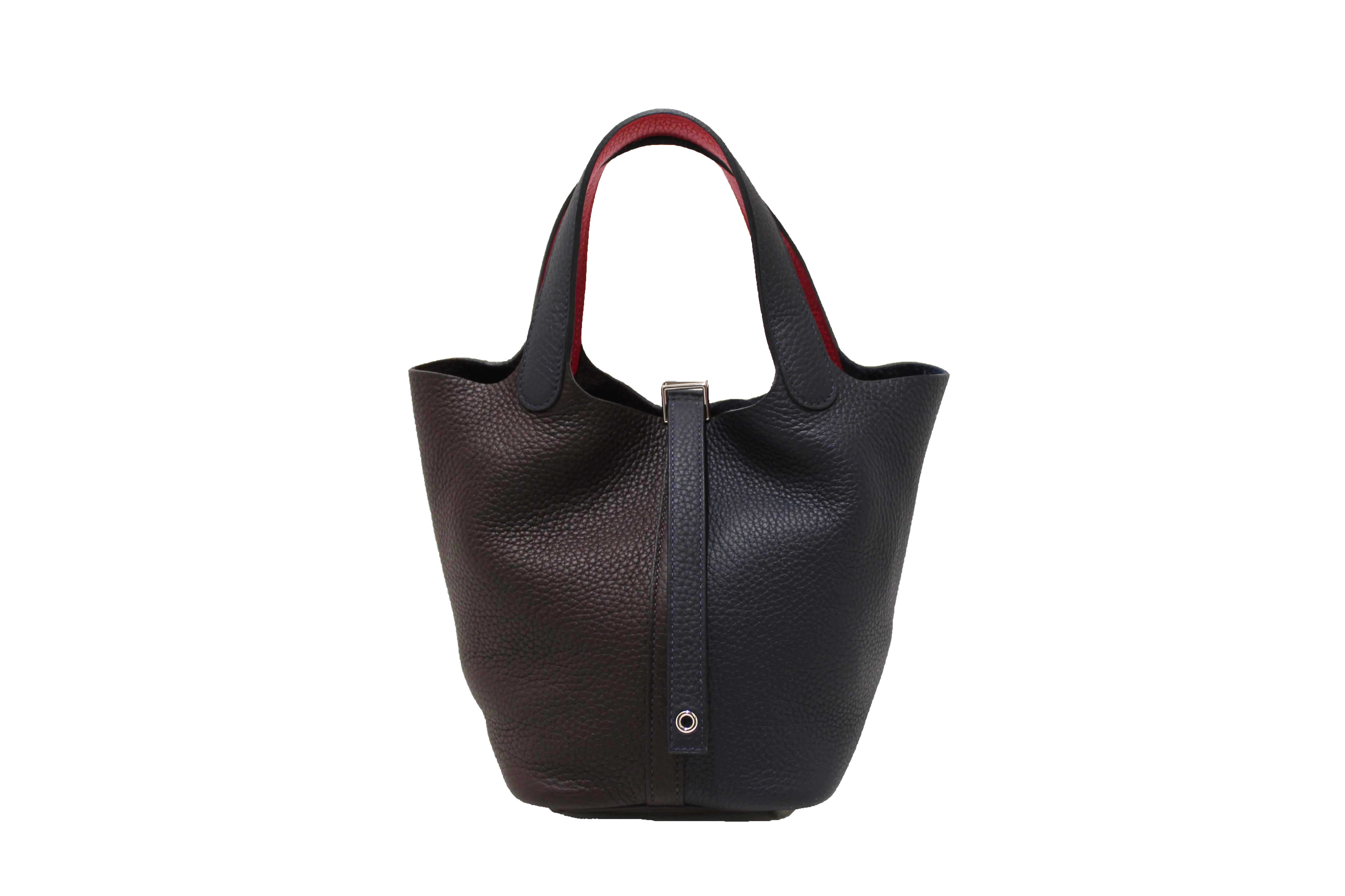 Authentic Hermes Bleu Nuit Rouge Sellier Framboise Taurillon Clemence Casaque Picotin Lock 18 PM Handbag