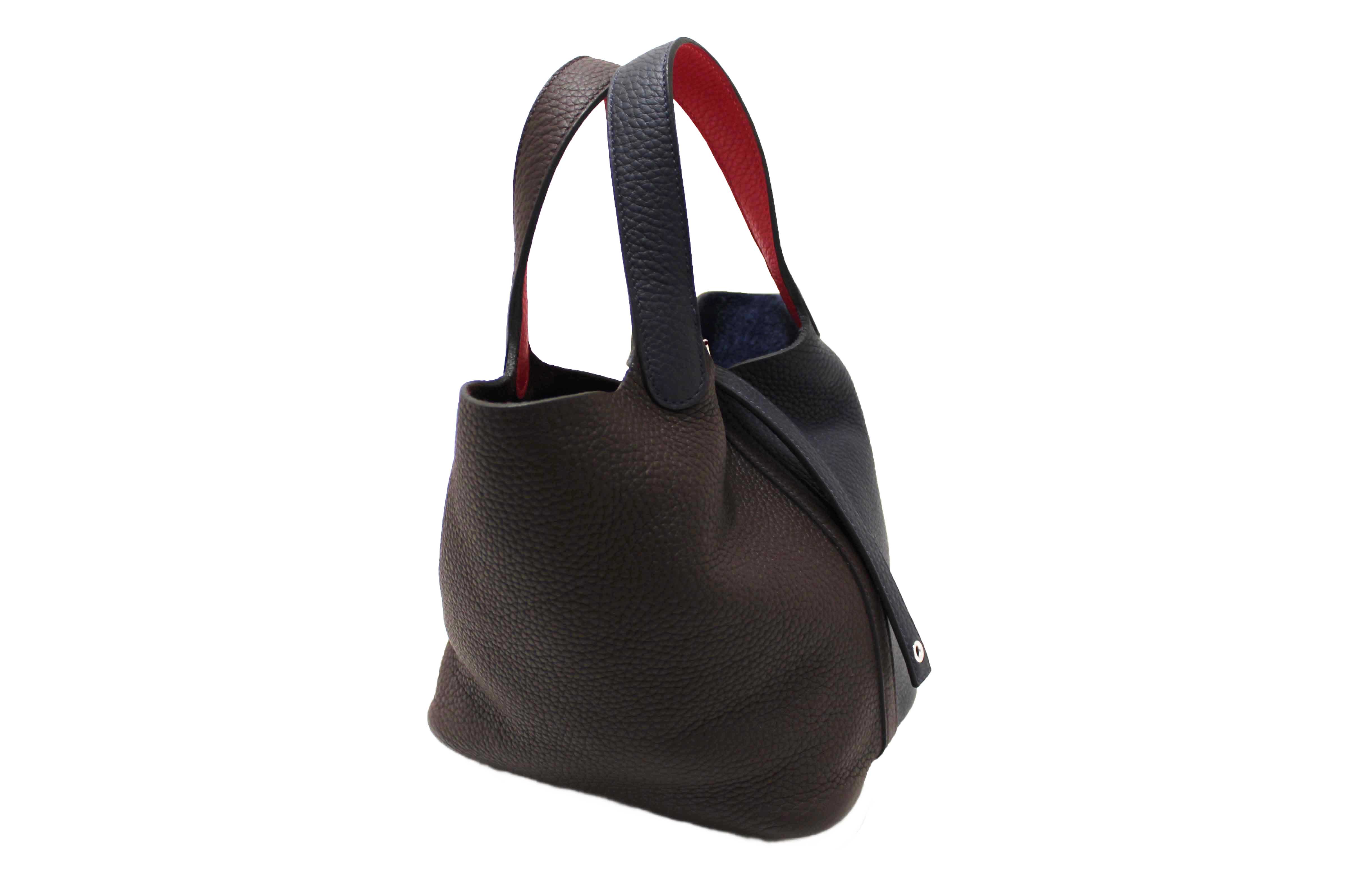 Authentic Hermes Bleu Nuit Rouge Sellier Framboise Taurillon Clemence Casaque Picotin Lock 18 PM Handbag