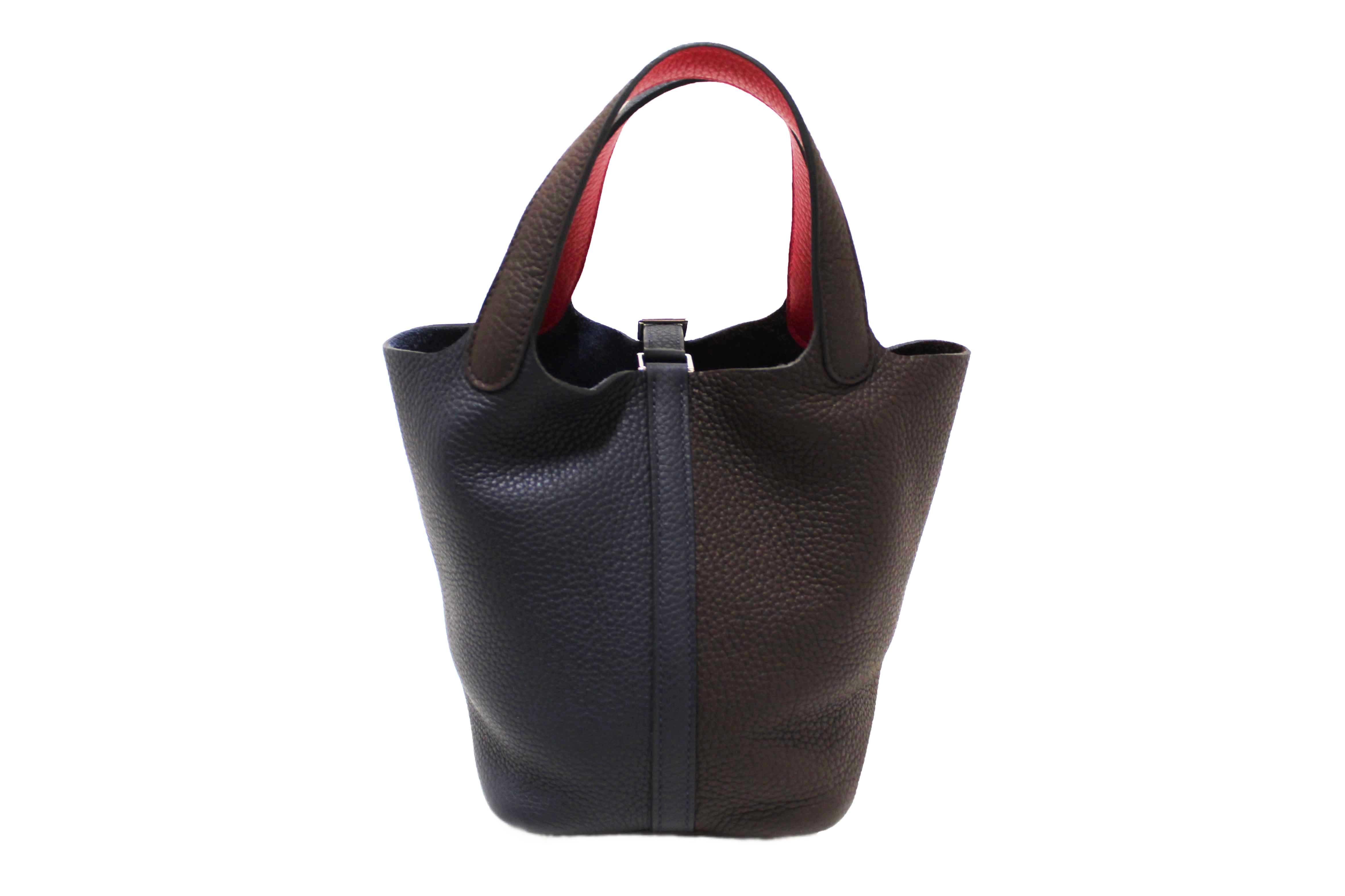Authentic Hermes Bleu Nuit Rouge Sellier Framboise Taurillon Clemence Casaque Picotin Lock 18 PM Handbag