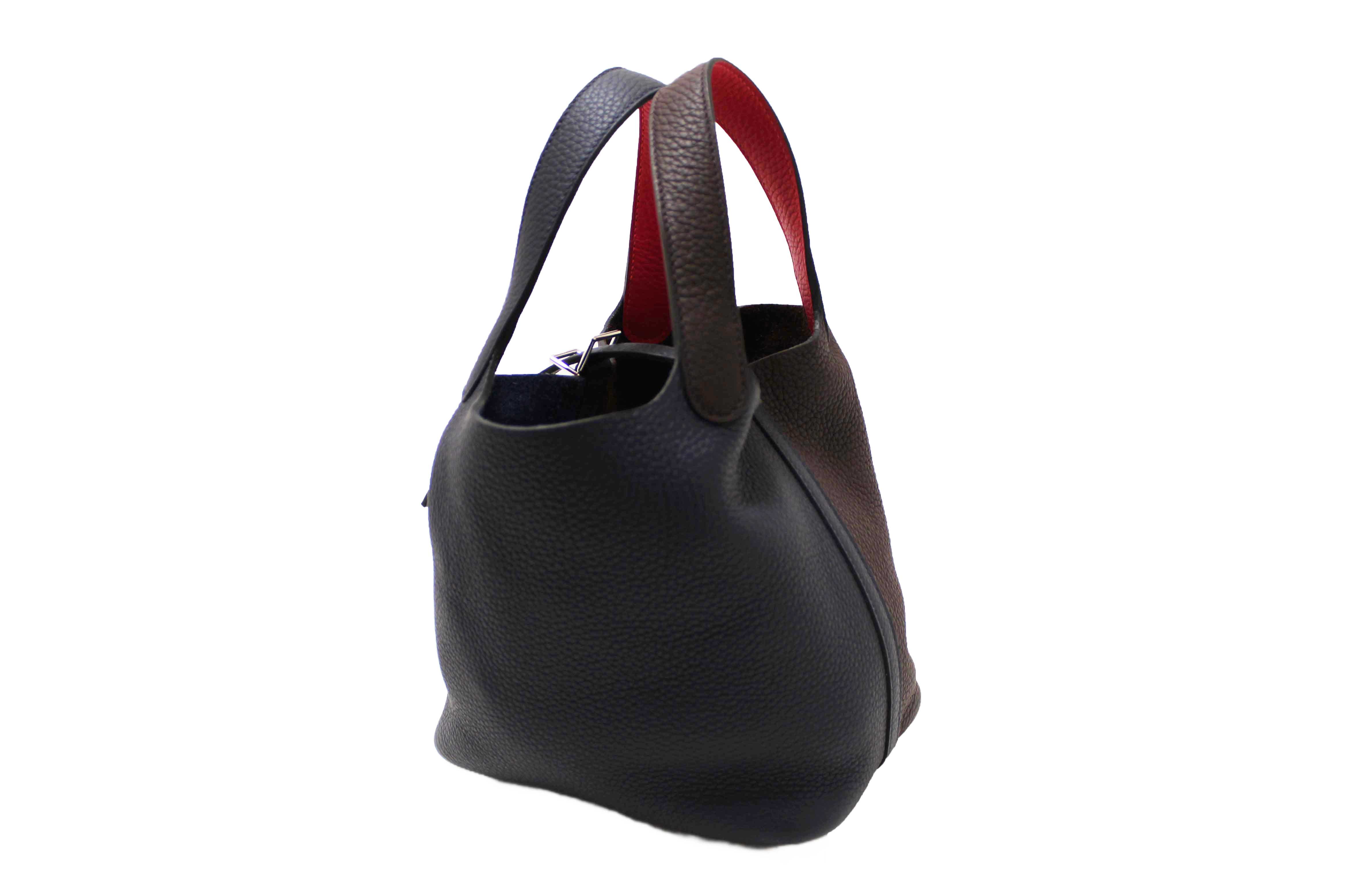 Authentic Hermes Bleu Nuit Rouge Sellier Framboise Taurillon Clemence Casaque Picotin Lock 18 PM Handbag