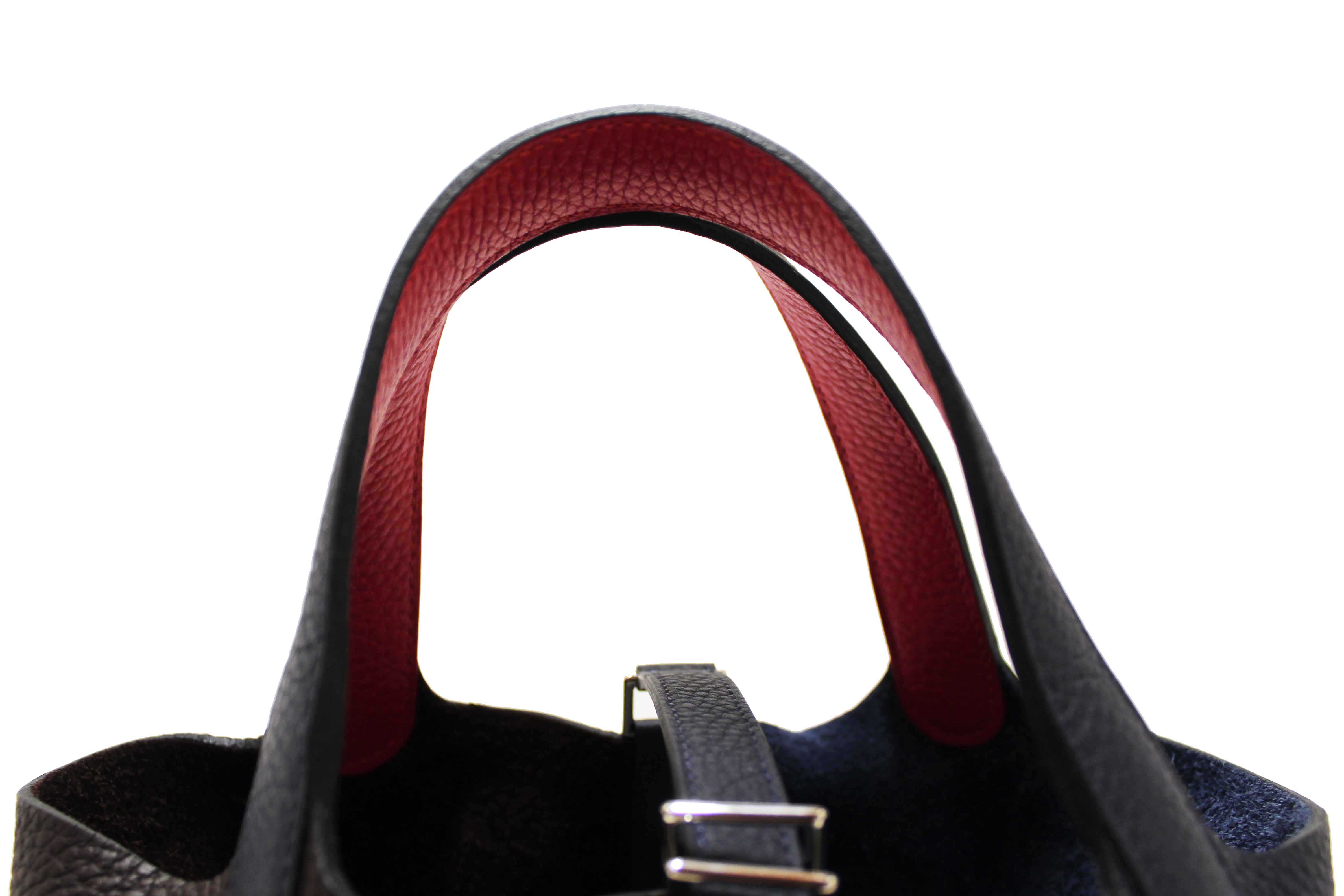 Authentic Hermes Bleu Nuit Rouge Sellier Framboise Taurillon Clemence Casaque Picotin Lock 18 PM Handbag