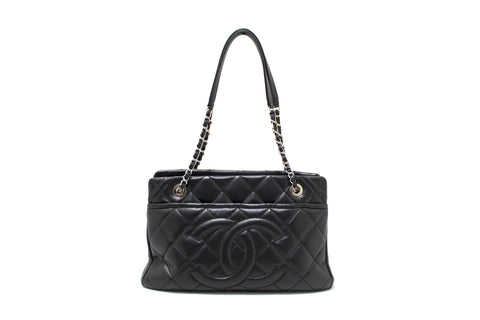 Authentic Chanel Black Quilted Caviar Leather Timeless Shopper Tote