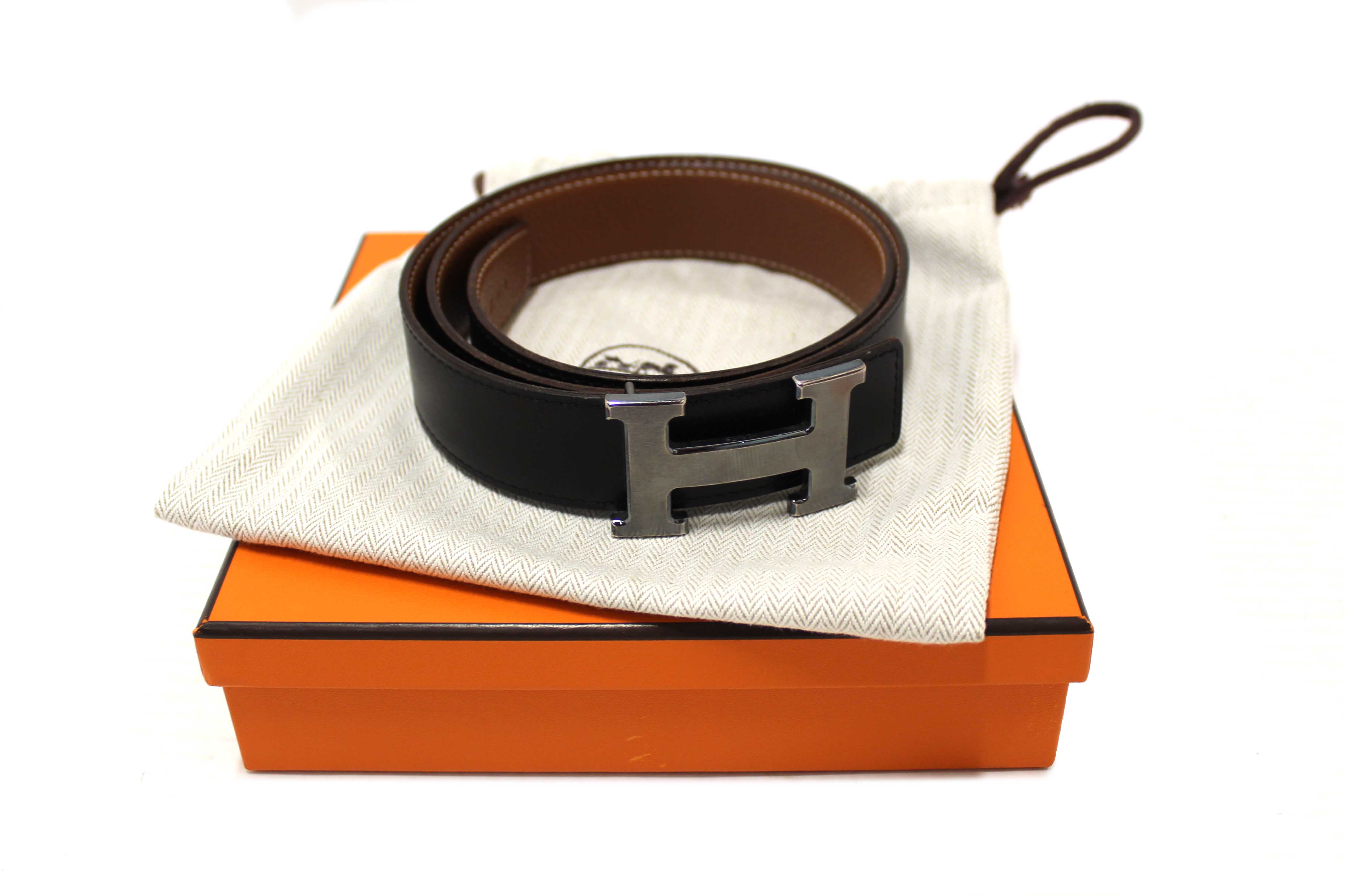 Authentic Hermes Black/Brown Leather H Belt Buckle Reversible Belt size 85