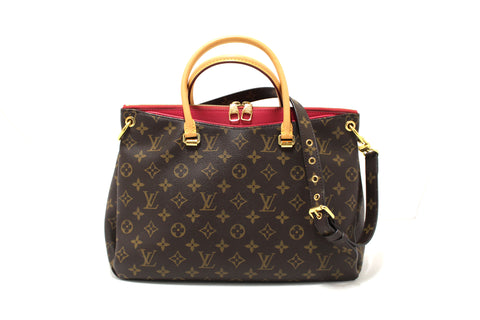 Authentic Louis Vuitton Classic Monogram with Fuchsia Calfskin Leather Pallas MM Handbag