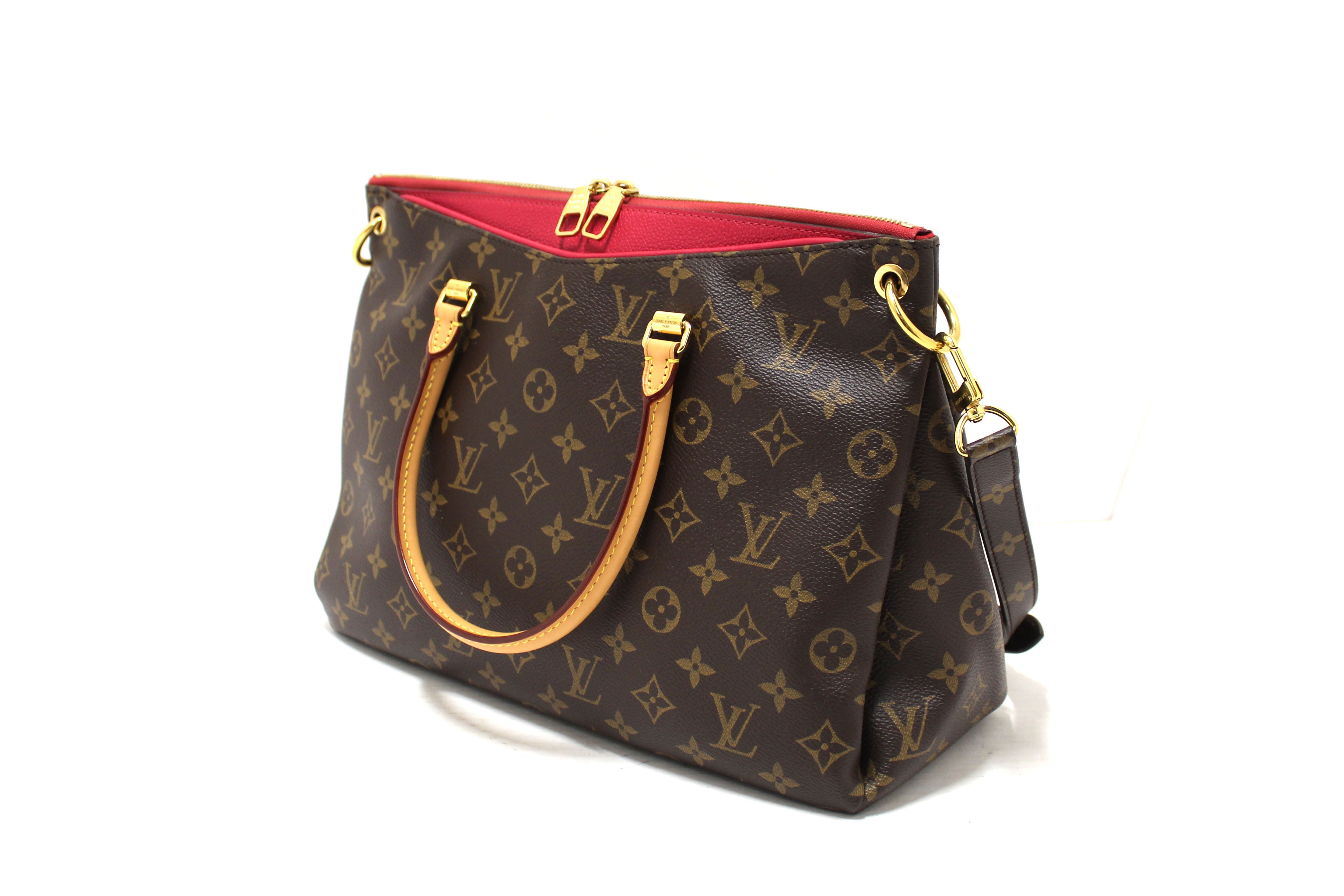 Authentic Louis Vuitton Classic Monogram with Fuchsia Calfskin Leather Pallas MM Handbag