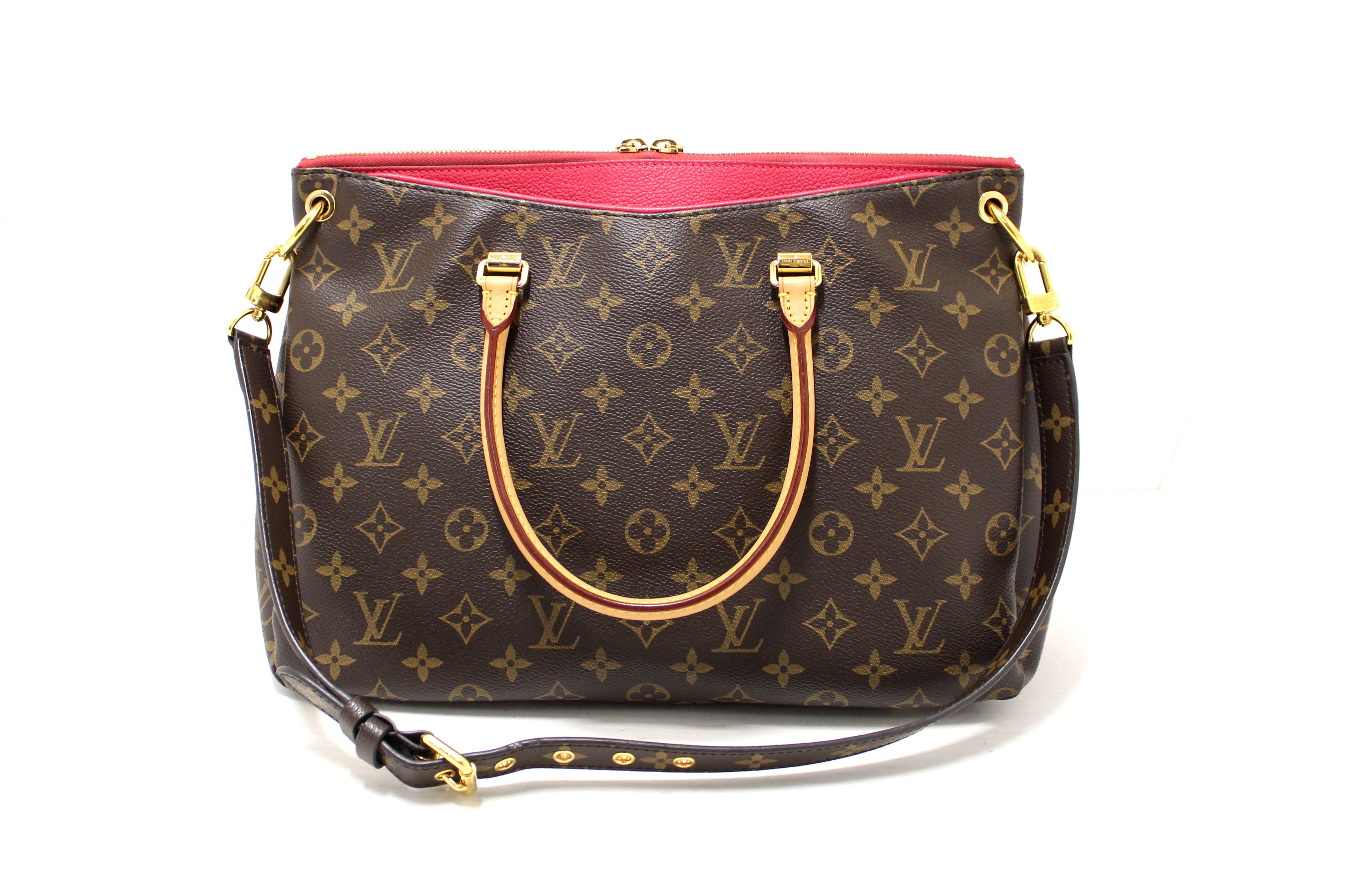 Authentic Louis Vuitton Classic Monogram with Fuchsia Calfskin Leather Pallas MM Handbag