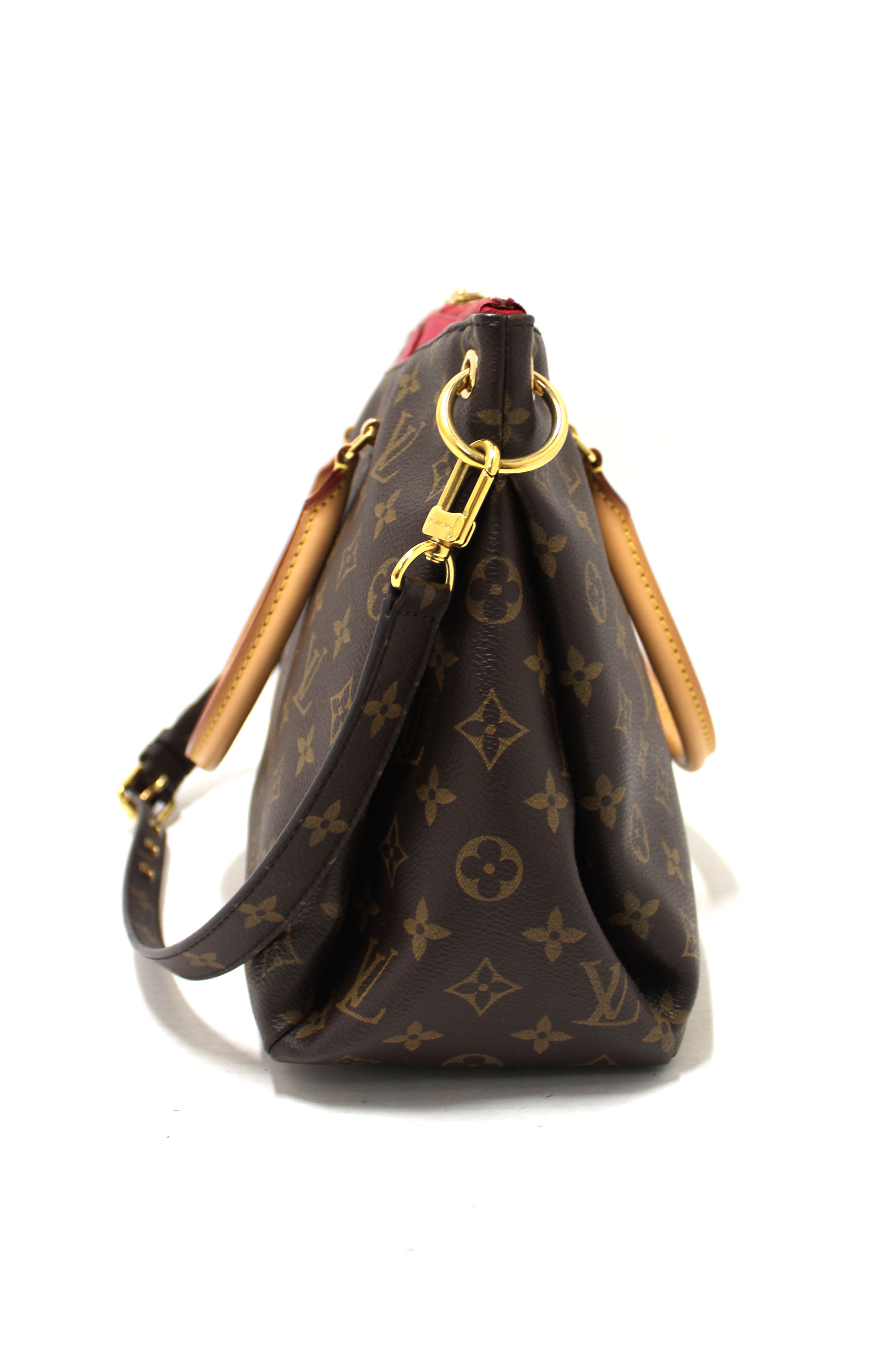 Authentic Louis Vuitton Classic Monogram with Fuchsia Calfskin Leather Pallas MM Handbag