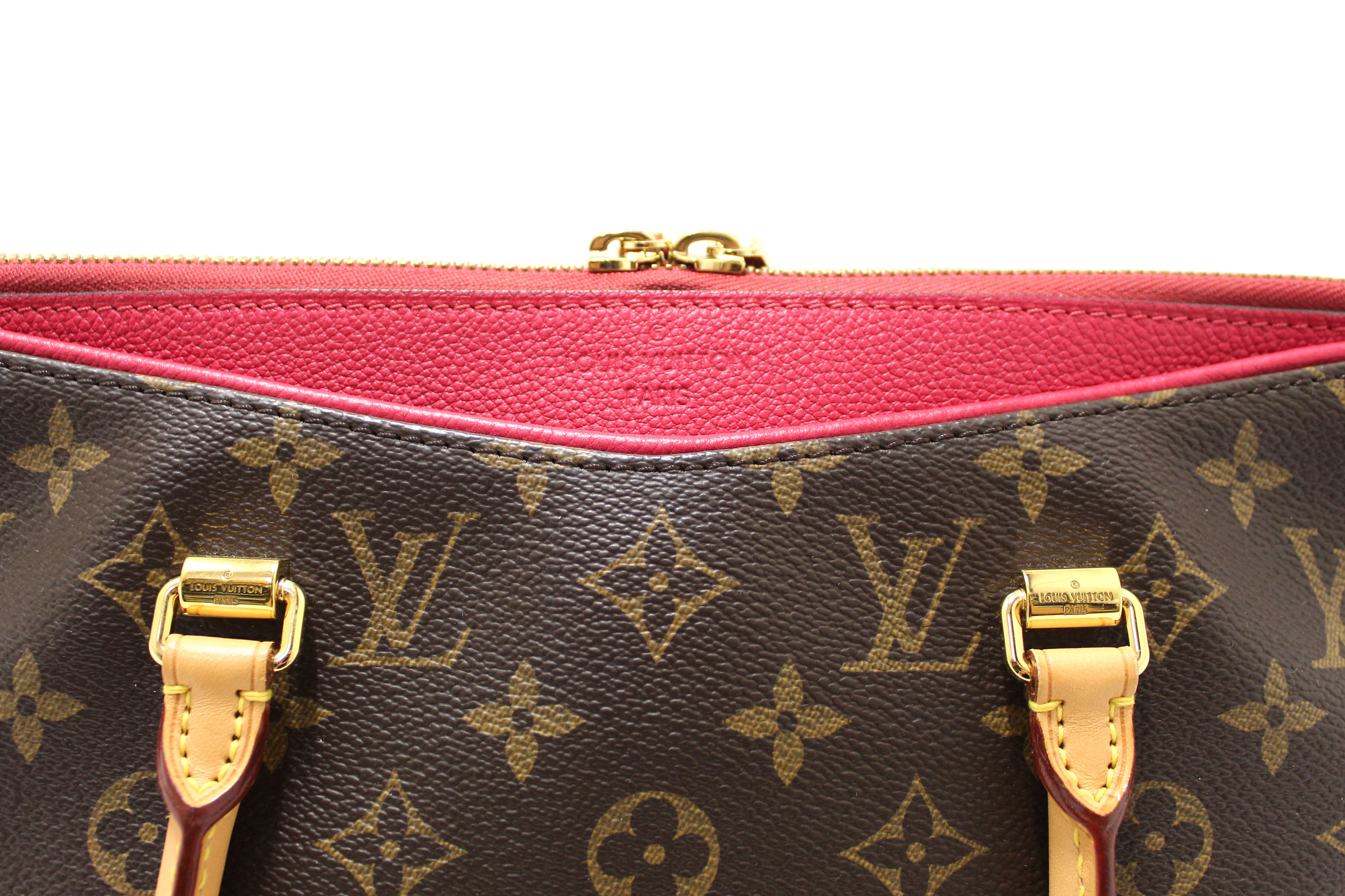 Authentic Louis Vuitton Classic Monogram with Fuchsia Calfskin Leather Pallas MM Handbag