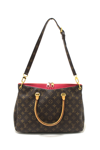 Authentic Louis Vuitton Classic Monogram with Fuchsia Calfskin Leather Pallas MM Handbag