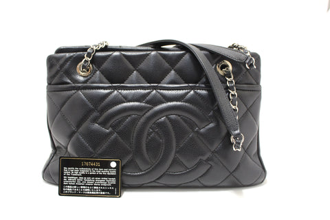 Authentic Chanel Black Quilted Caviar Leather Timeless Shopper Tote