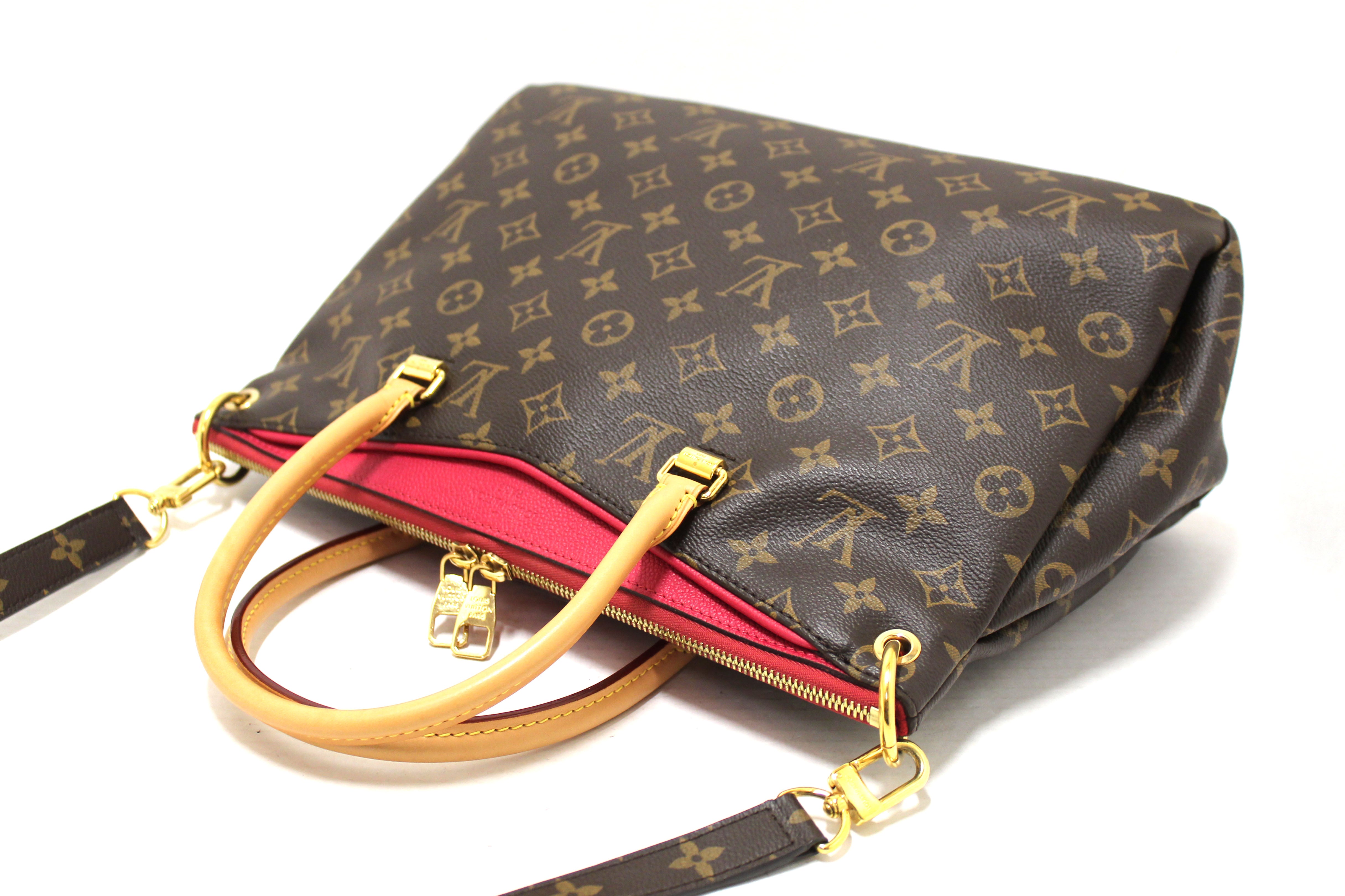 Authentic Louis Vuitton Classic Monogram with Fuchsia Calfskin Leather Pallas MM Handbag