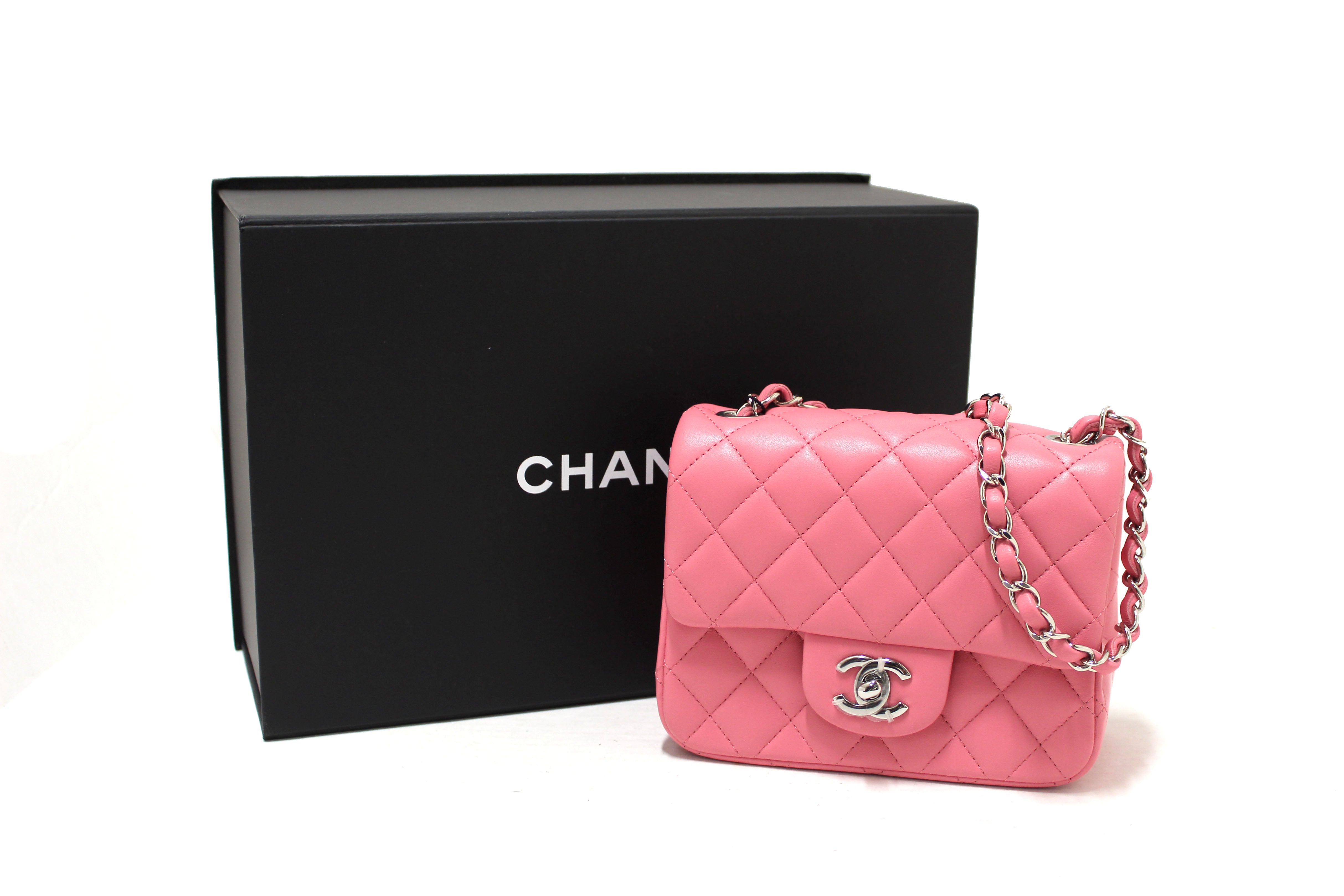 Authentic NEW Chanel Quilted Pink Lambskin Leather Mini Square Classic Flap Bag