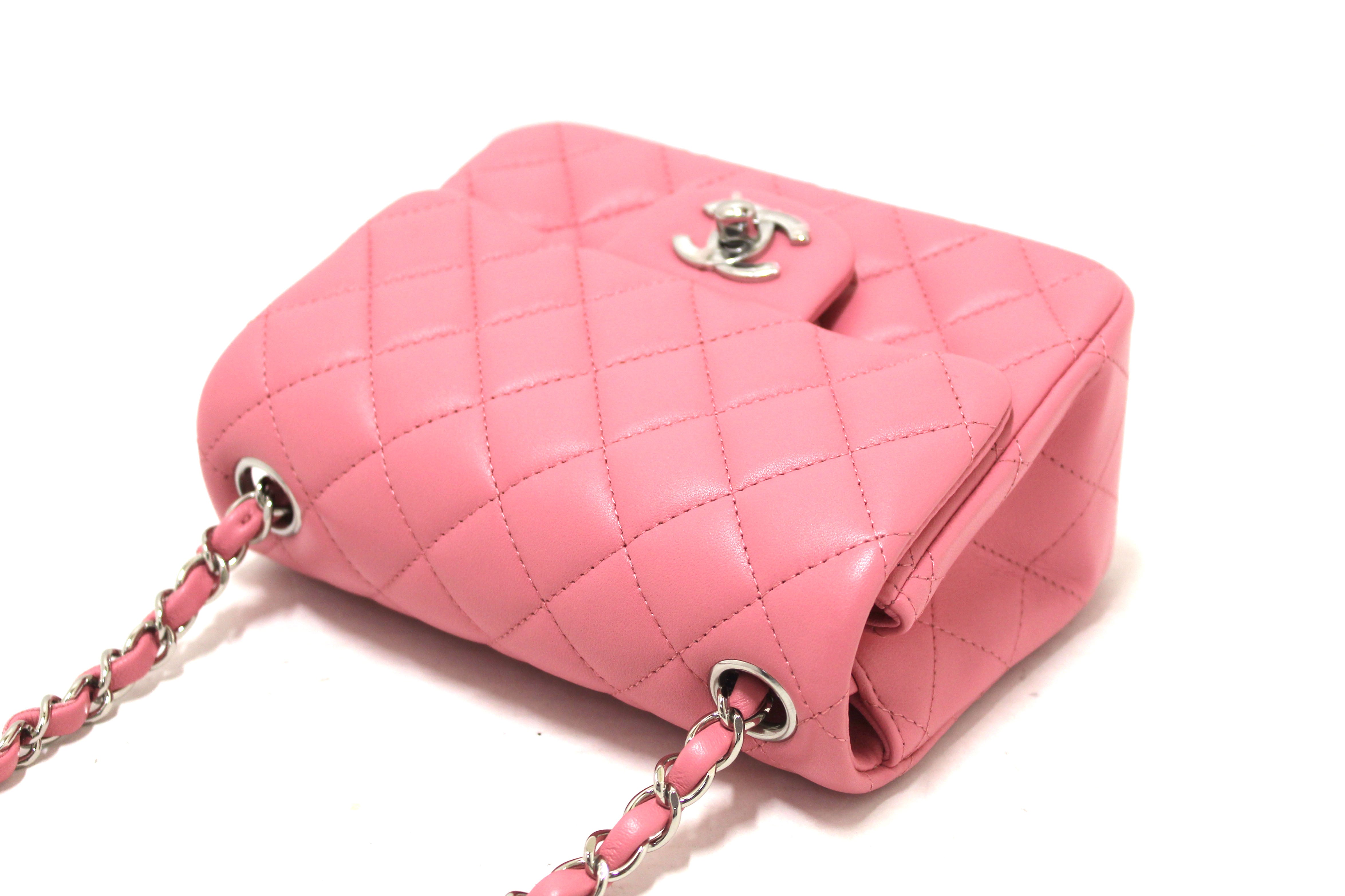 Authentic NEW Chanel Quilted Pink Lambskin Leather Mini Square Classic Flap Bag