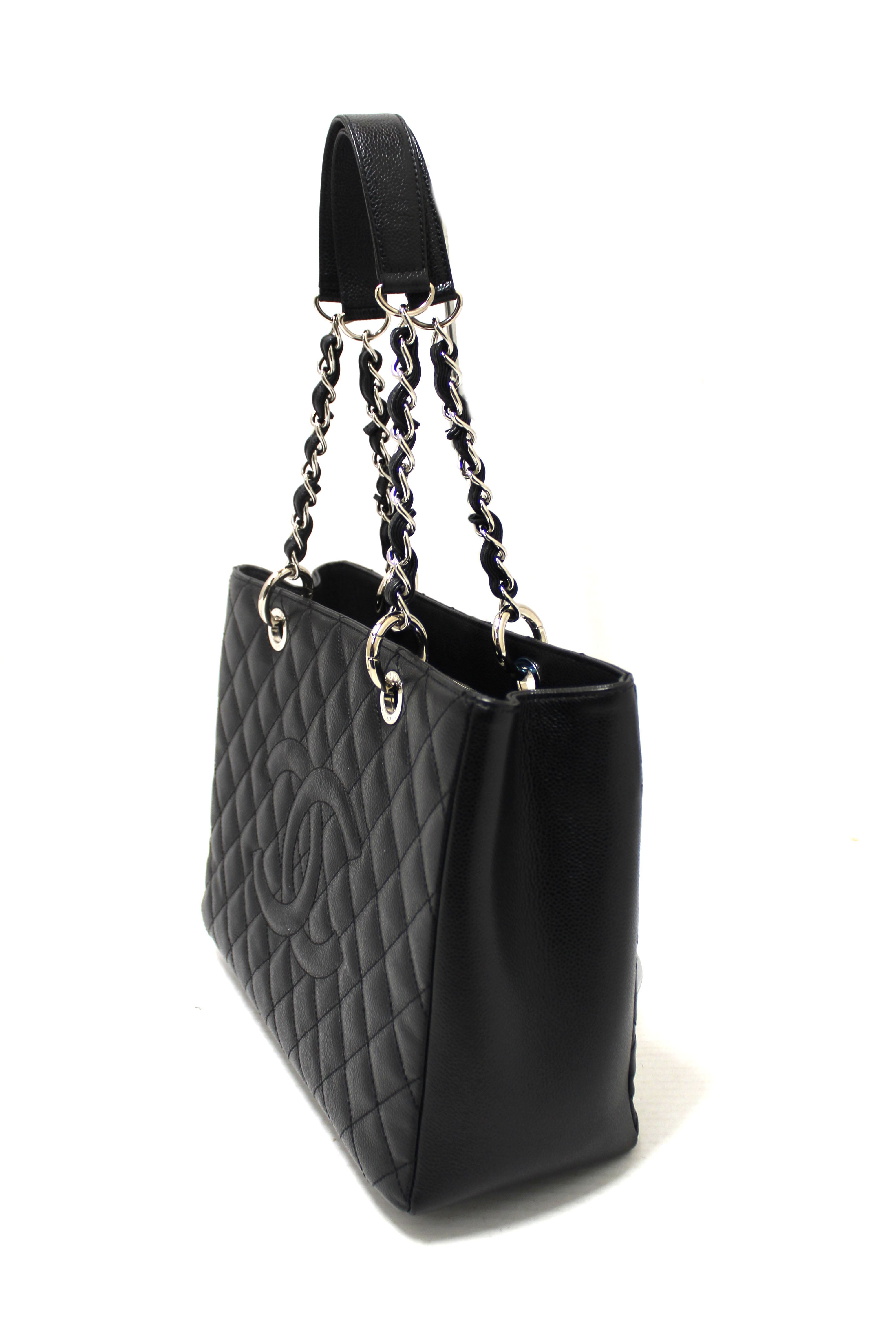 Authentic Chanel Black Quilted Caviar Leather Grand Shopper Tote Shoulder Bag