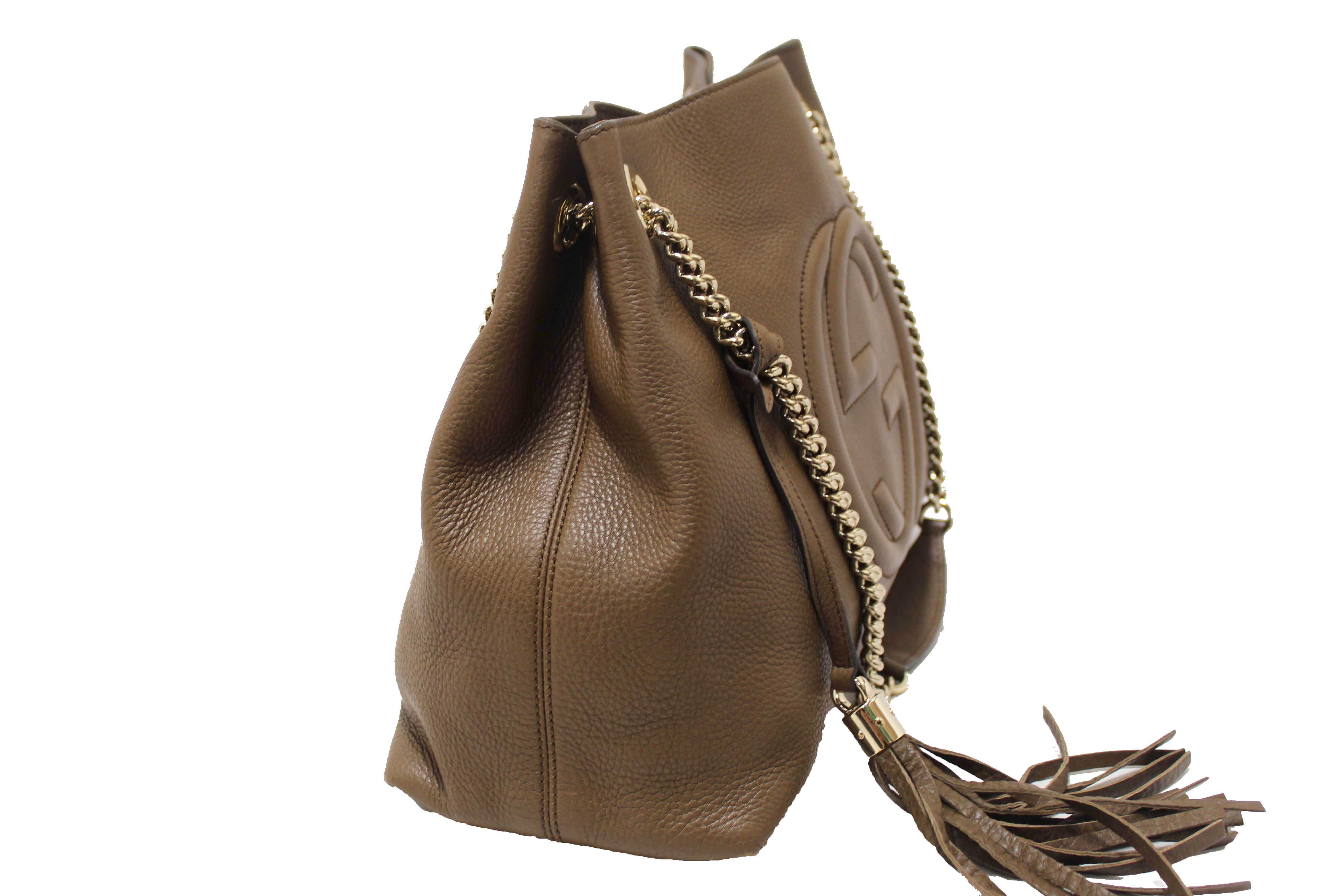 Authentic Gucci Brown Pebbled Calfskin Medium Soho Chain Shoulder Bag 308982