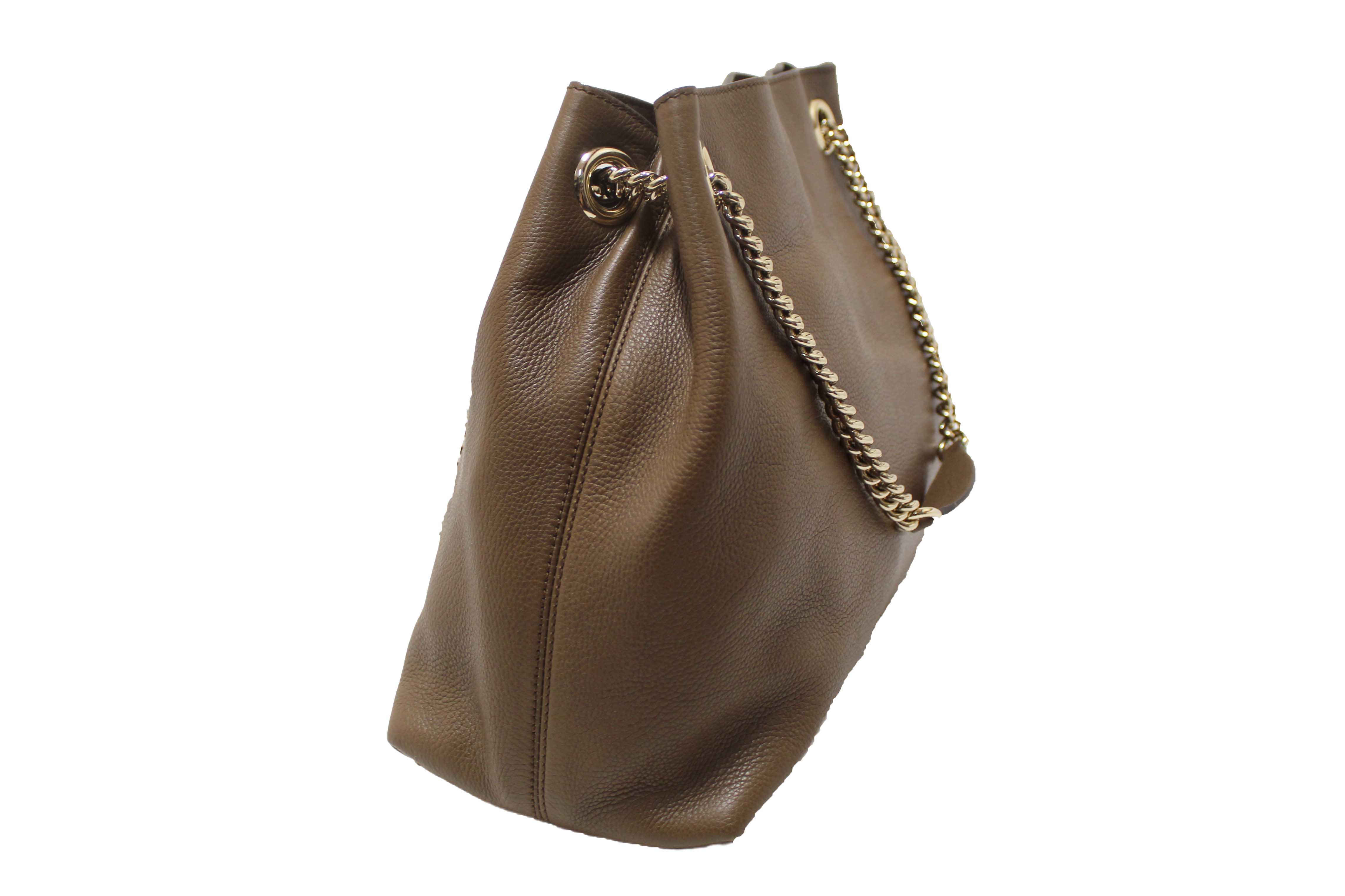 Authentic Gucci Brown Pebbled Calfskin Medium Soho Chain Shoulder Bag 308982