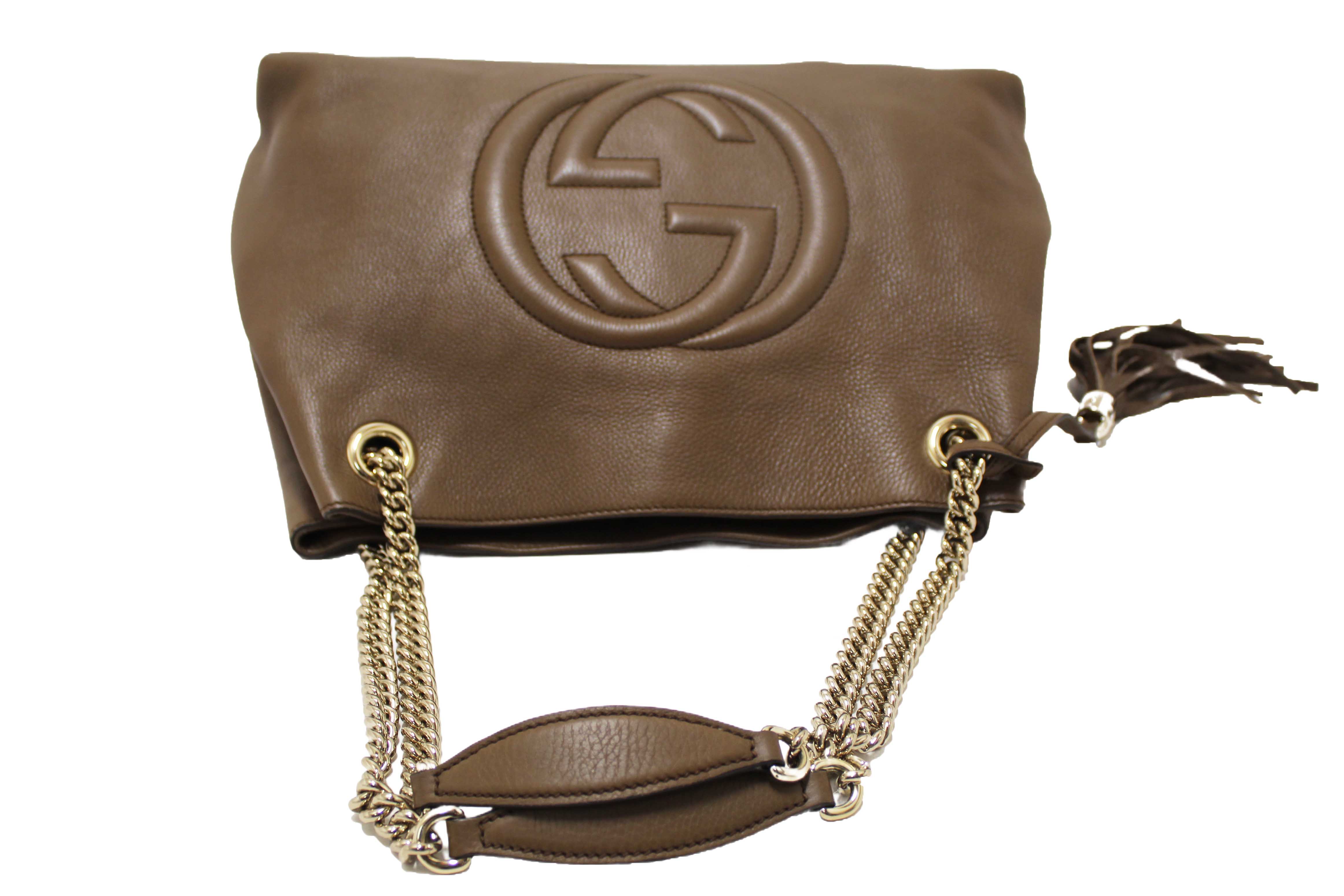 Authentic Gucci Brown Pebbled Calfskin Medium Soho Chain Shoulder Bag 308982