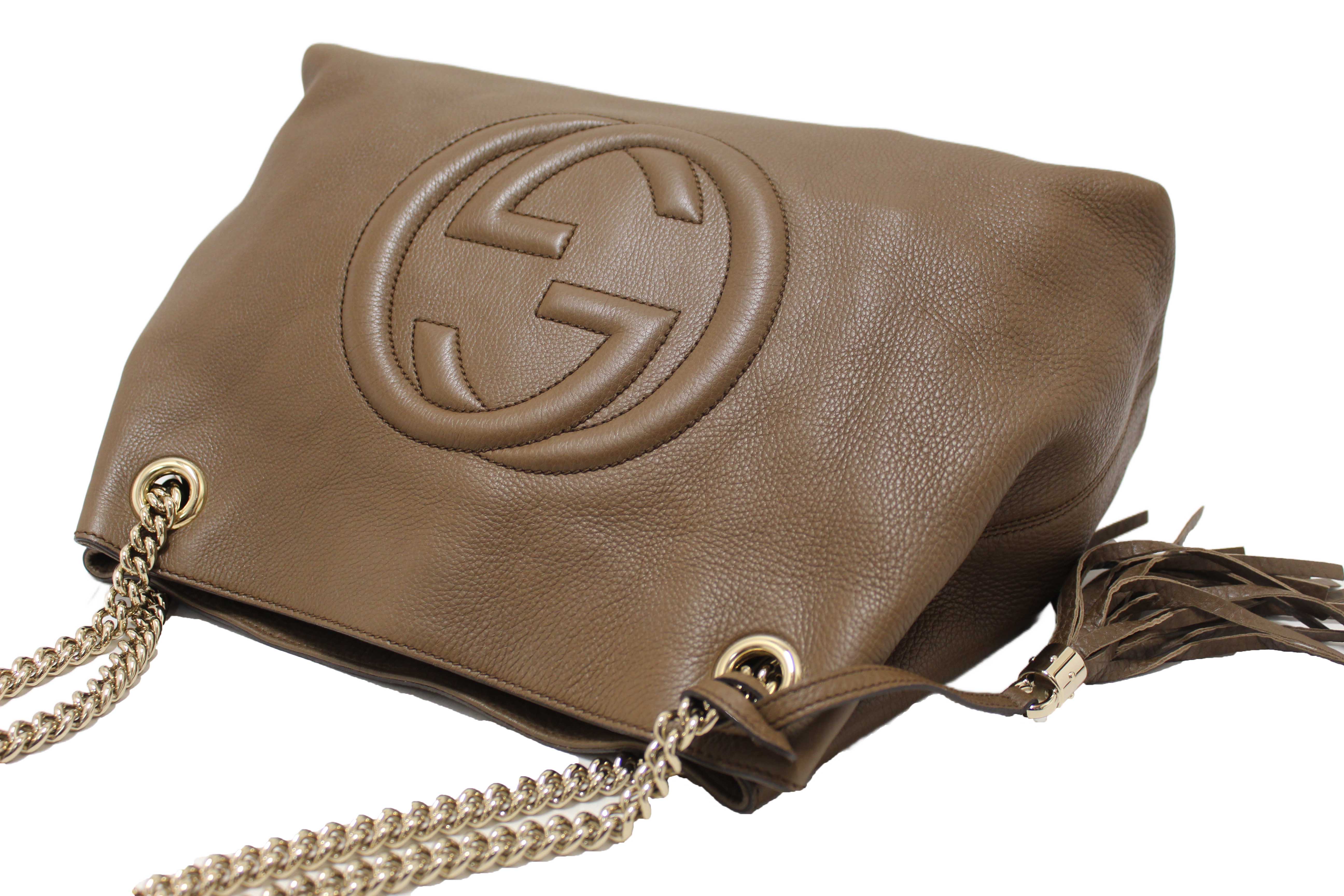Authentic Gucci Brown Pebbled Calfskin Medium Soho Chain Shoulder Bag 308982
