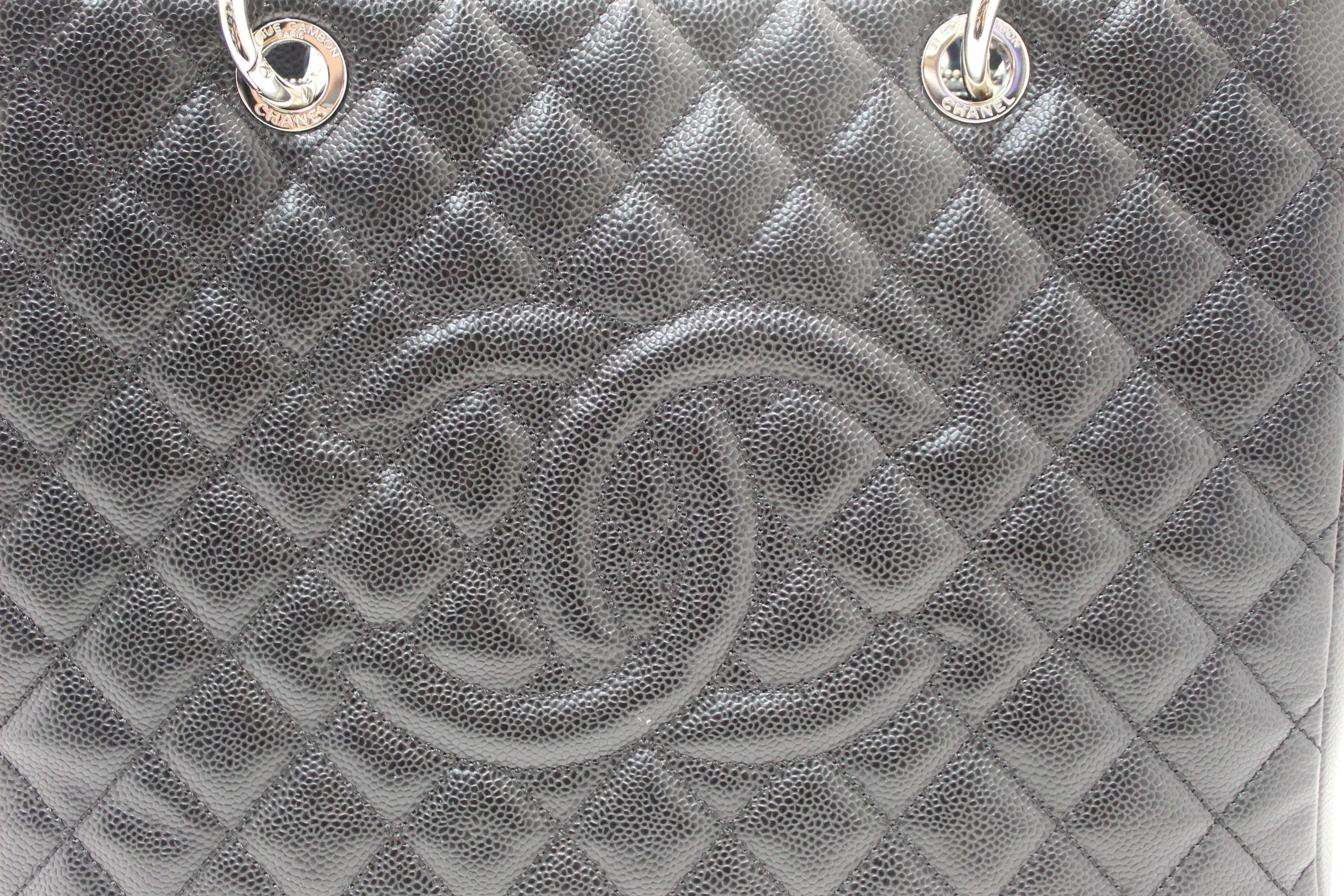 Authentic Chanel Black Quilted Caviar Leather Grand Shopper Tote Shoulder Bag