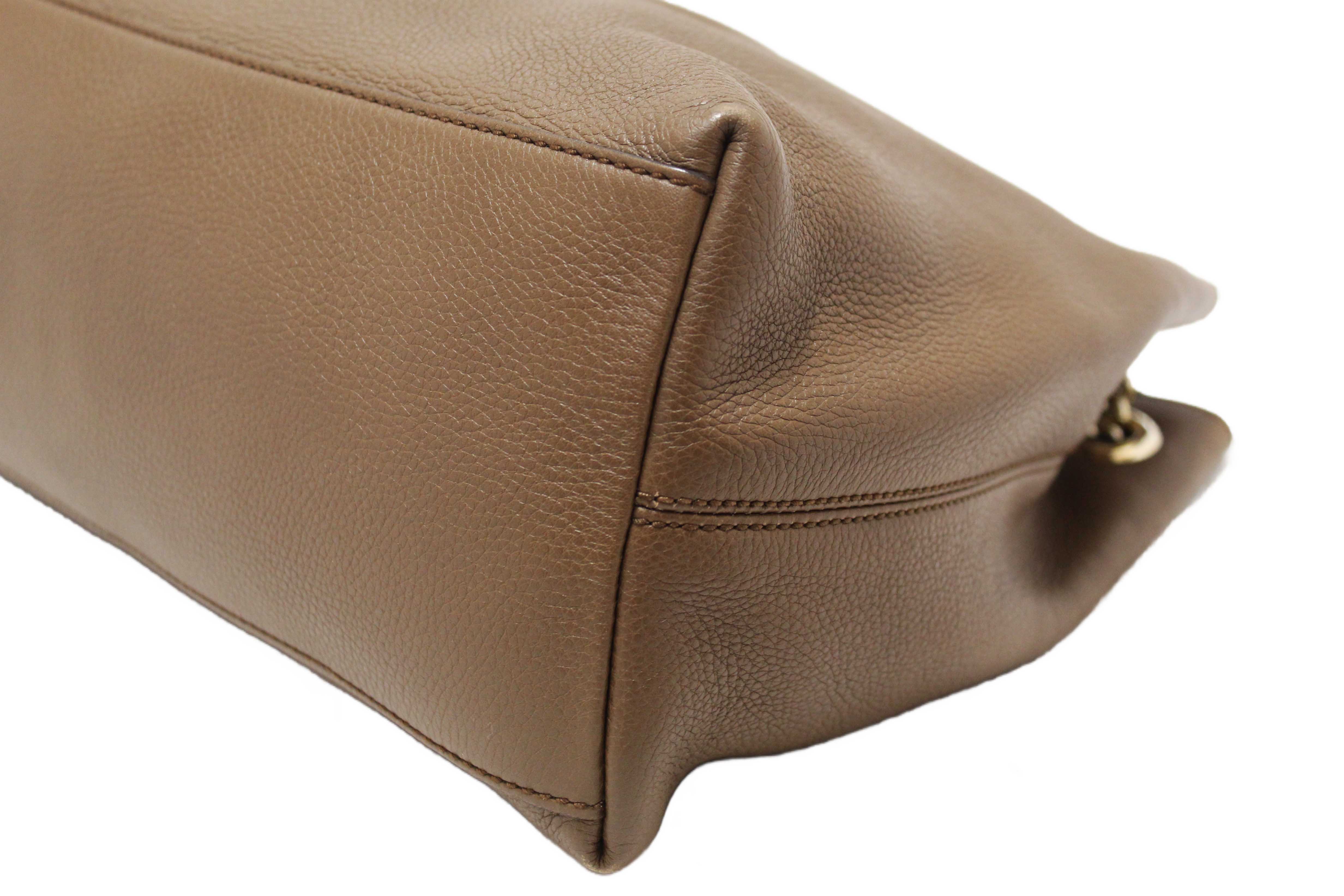 Authentic Gucci Brown Pebbled Calfskin Medium Soho Chain Shoulder Bag 308982