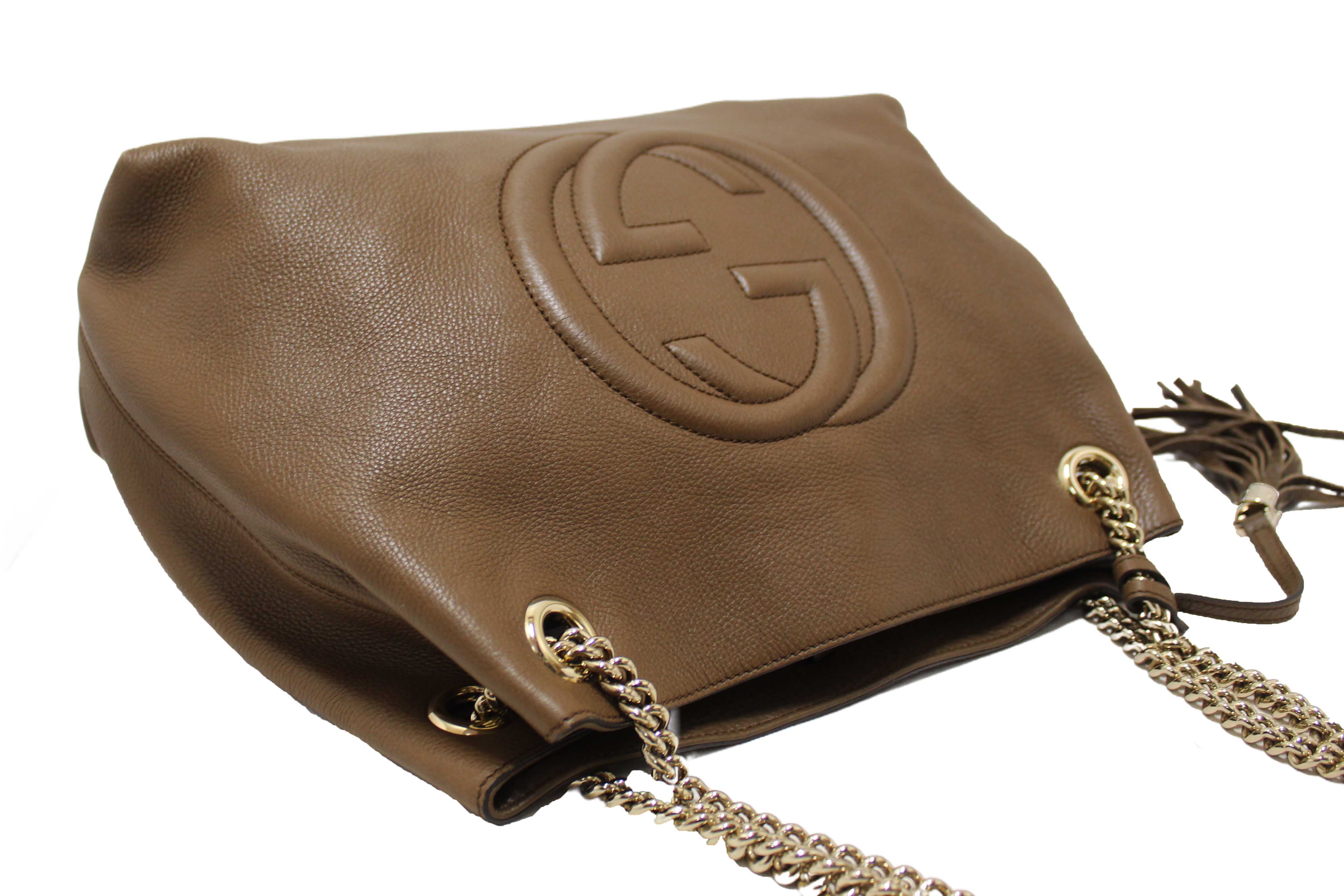Authentic Gucci Brown Pebbled Calfskin Medium Soho Chain Shoulder Bag 308982