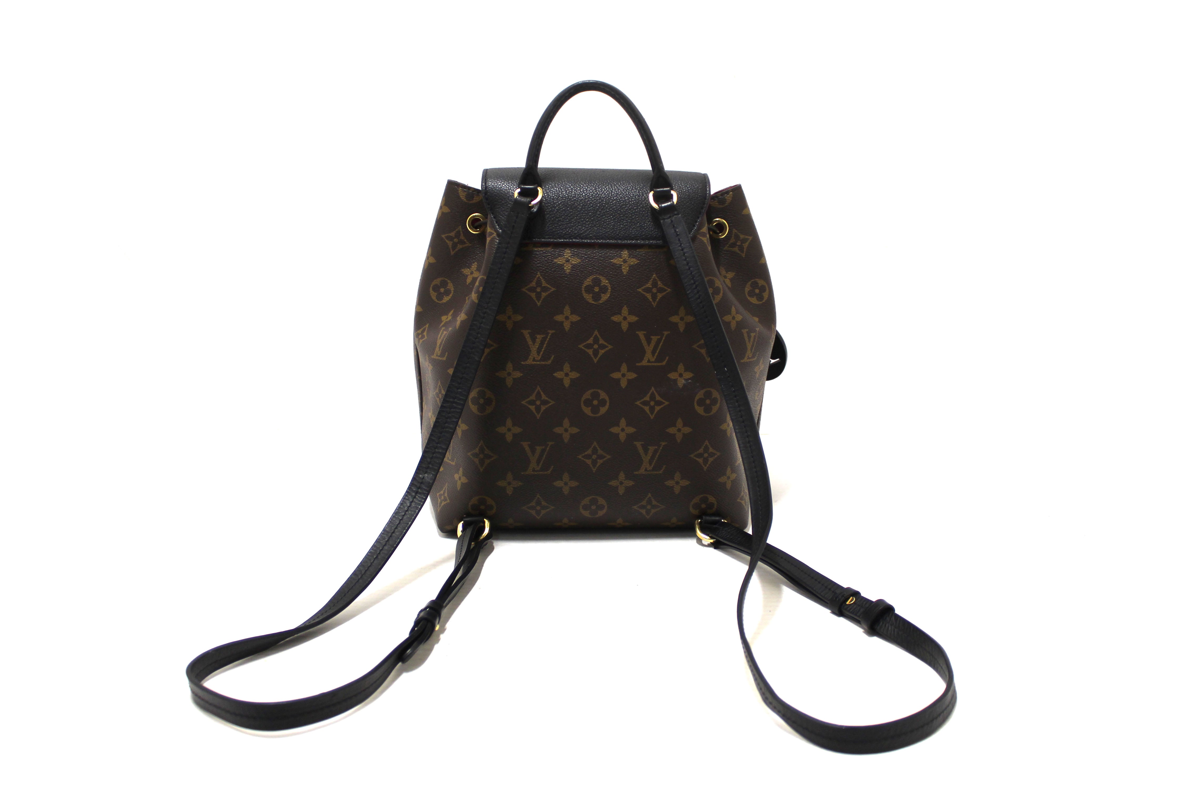 louis vuitton backpack with cloth straps Authentic Louis Vuitton Classic Monogram with Black Leather Montsouris PM Backpack