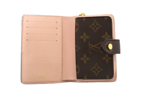 Authentic Louis Vuitton Classic Monogram Canvas with Rose Ballerine Leather Juliette Wallet