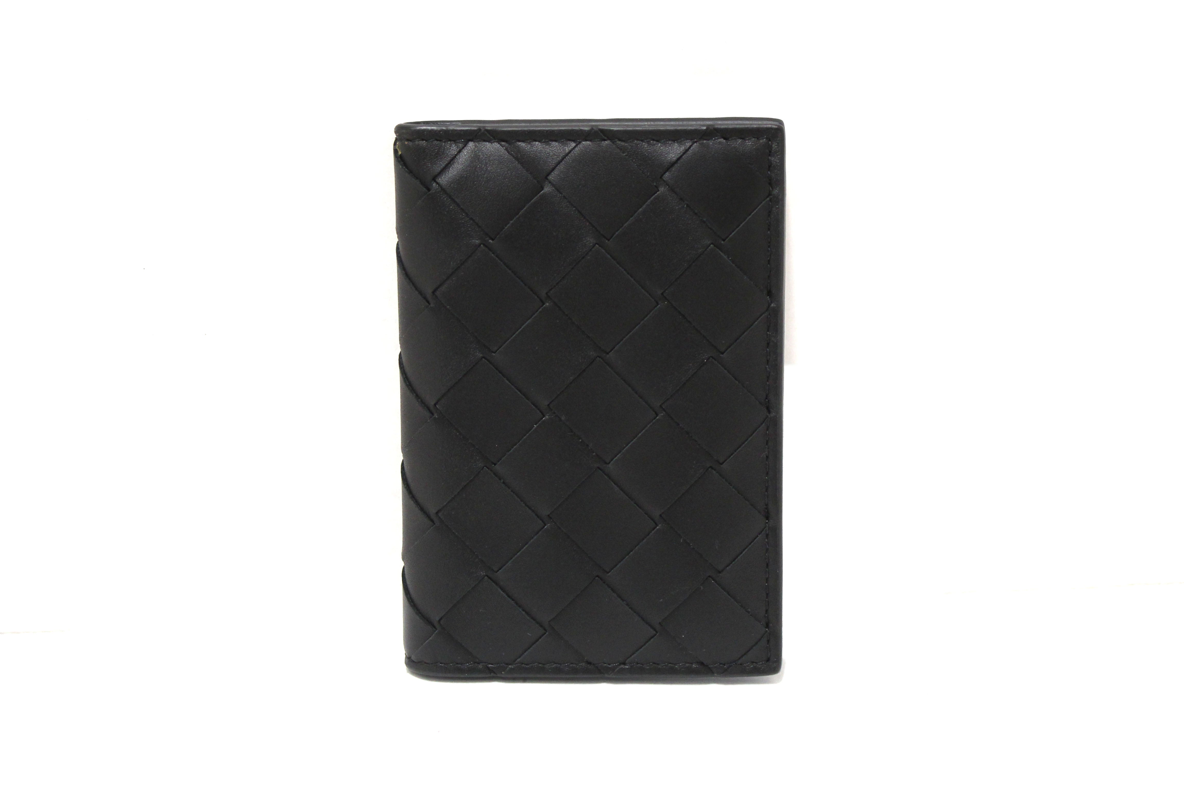 Authentic NEW Bottega Veneta Black Intrecciato Calfskin Leather Card Case with Blue Contrasted Interior