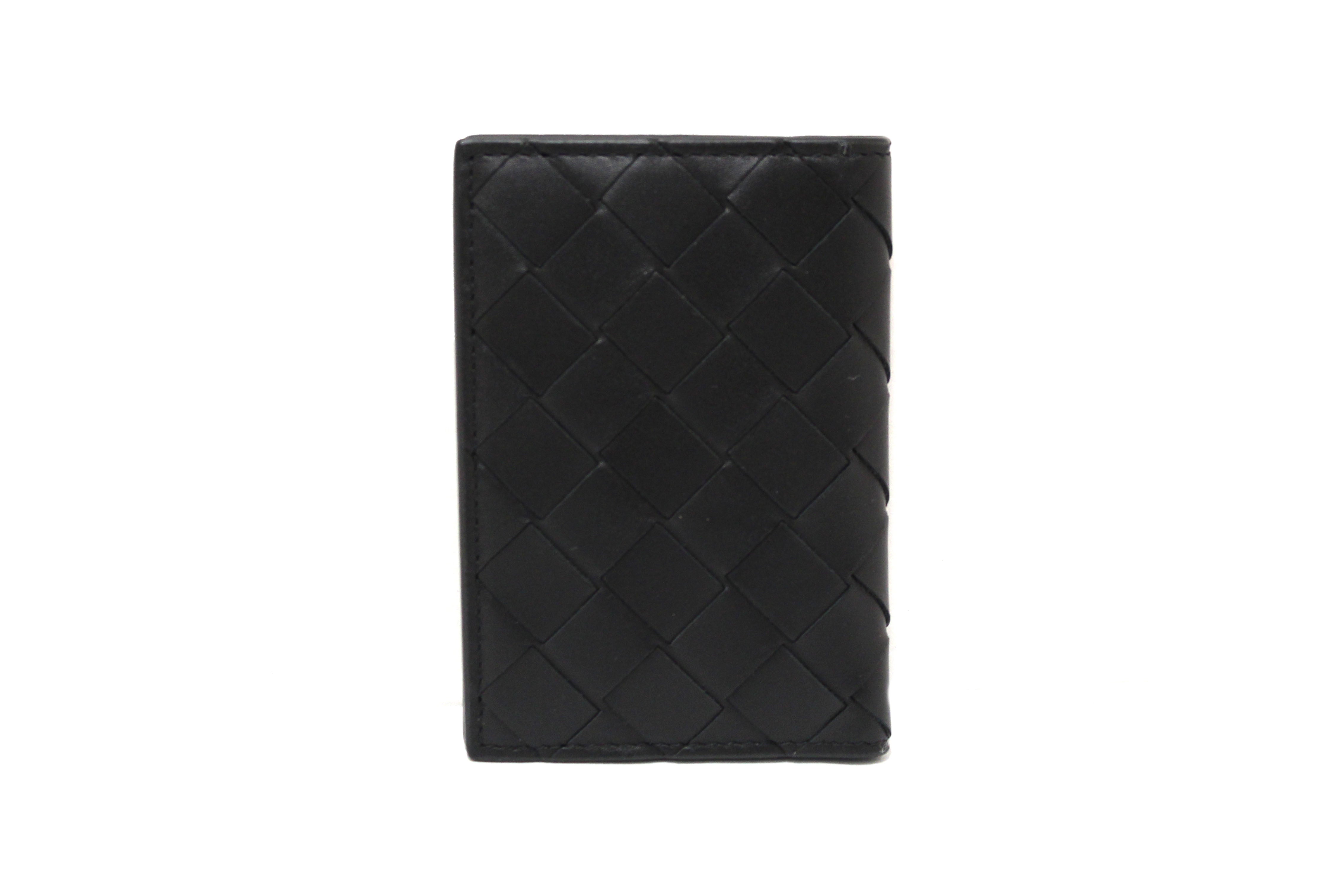 Authentic NEW Bottega Veneta Black Intrecciato Calfskin Leather Card Case with Blue Contrasted Interior