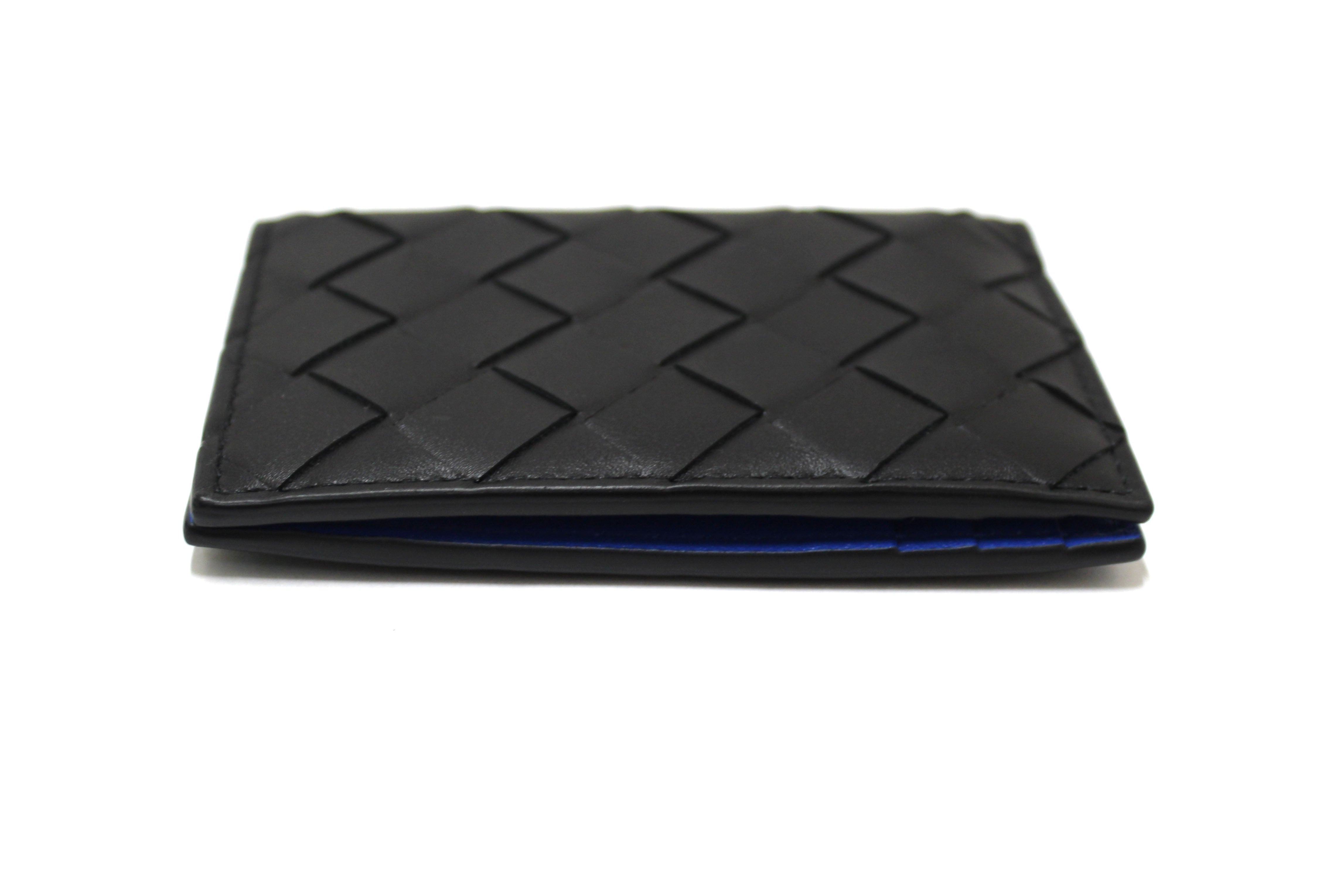 Authentic NEW Bottega Veneta Black Intrecciato Calfskin Leather Card Case with Blue Contrasted Interior