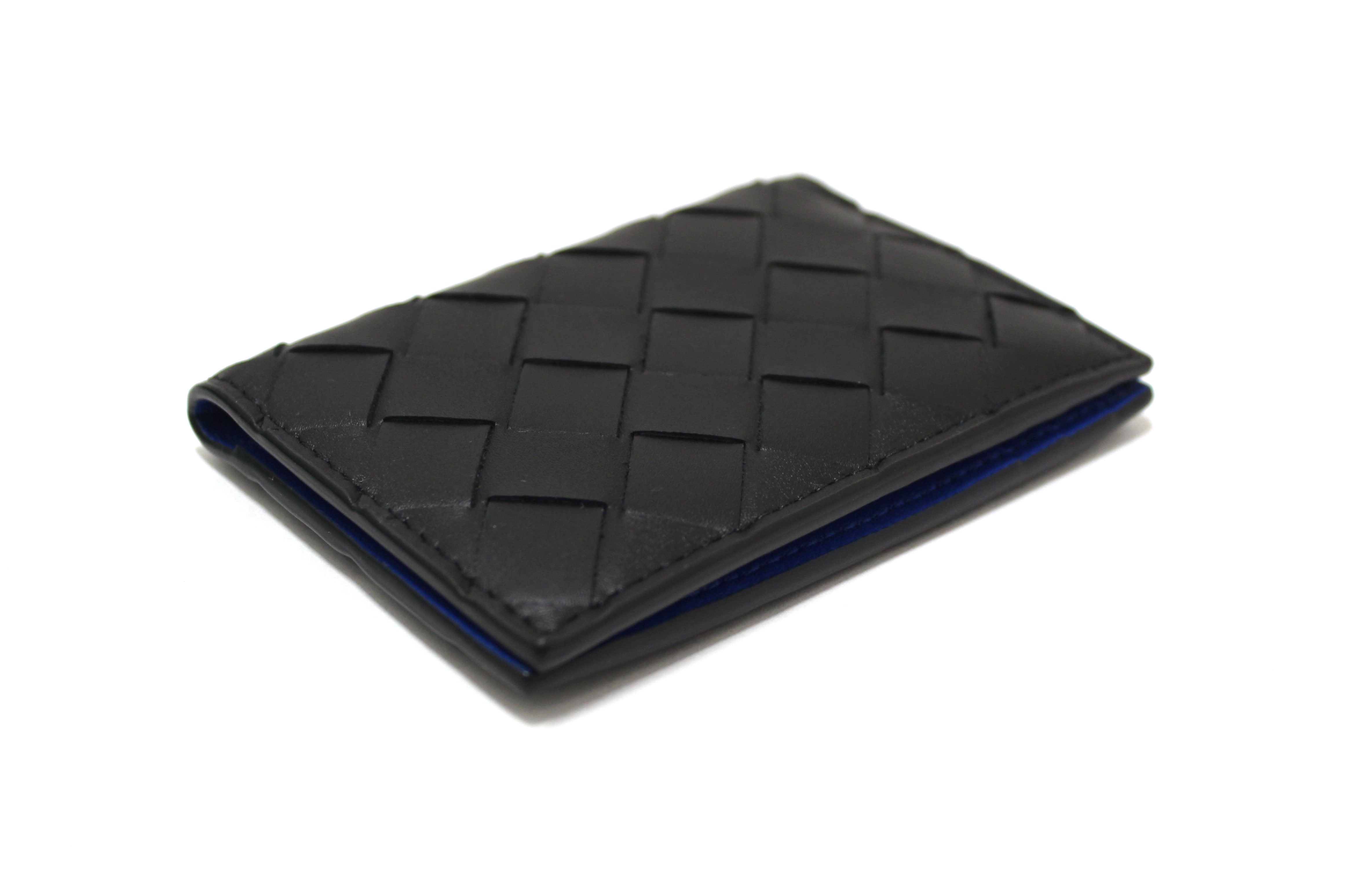 Authentic NEW Bottega Veneta Black Intrecciato Calfskin Leather Card Case with Blue Contrasted Interior