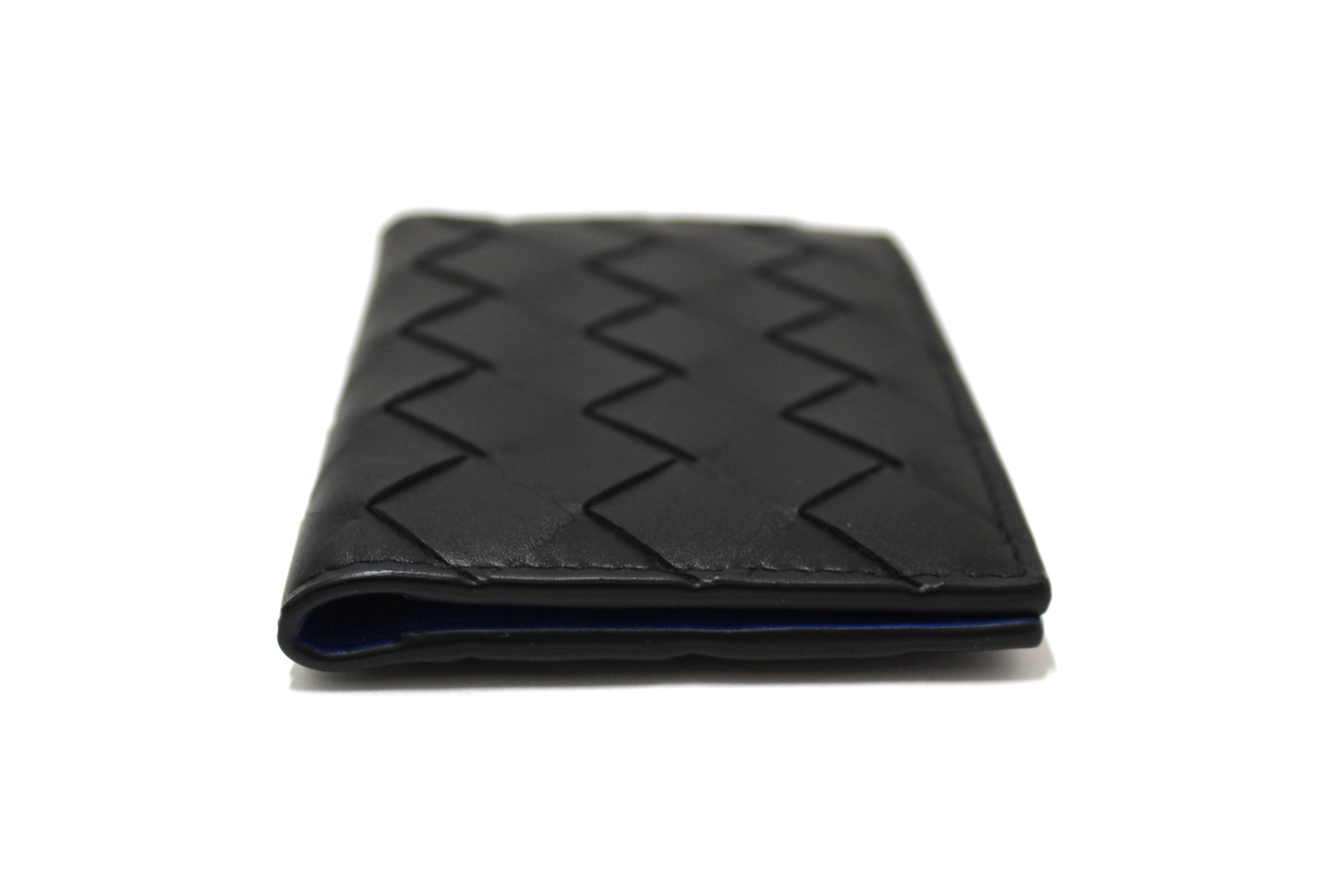 Authentic NEW Bottega Veneta Black Intrecciato Calfskin Leather Card Case with Blue Contrasted Interior