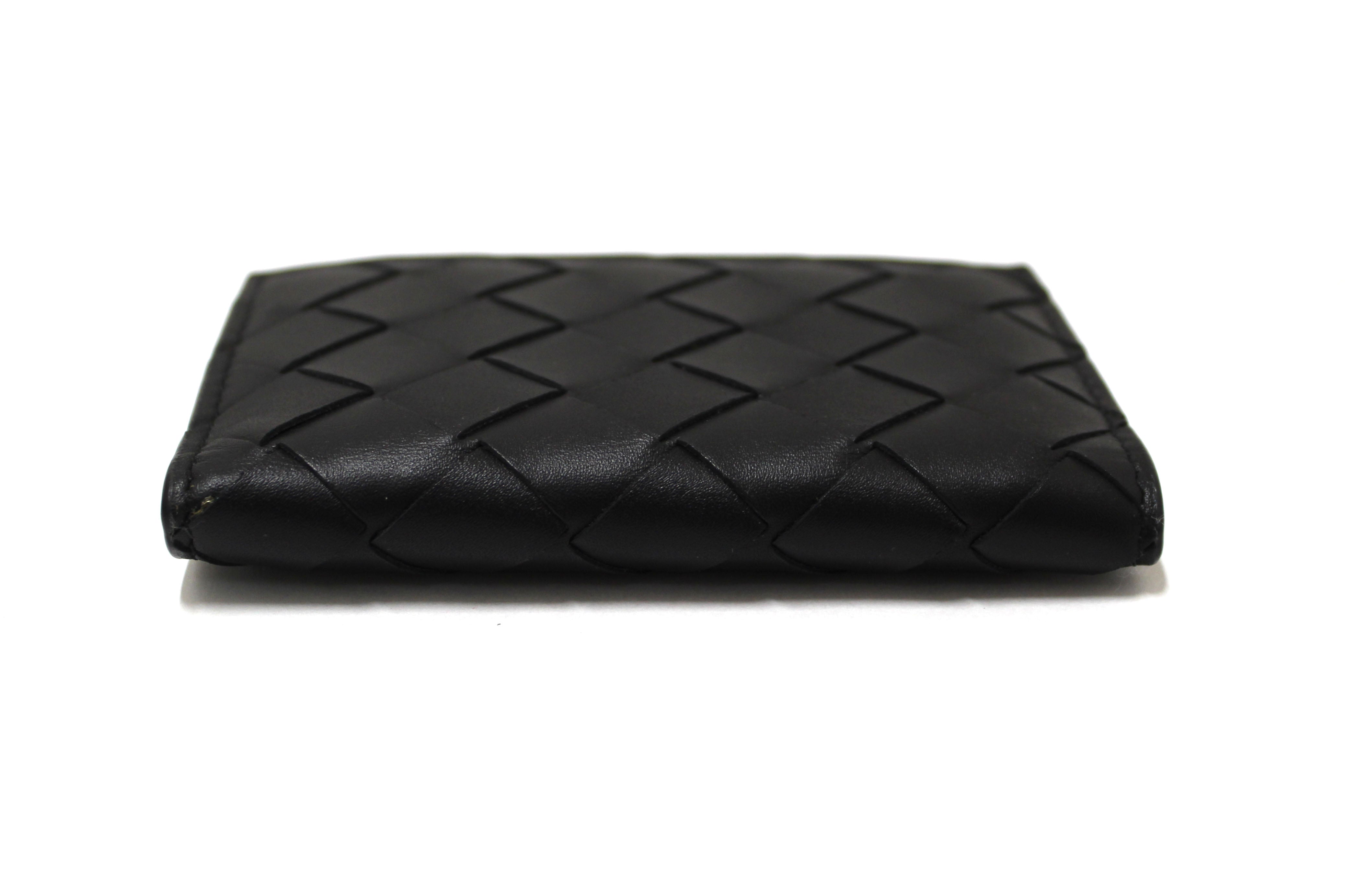 Authentic NEW Bottega Veneta Black Intrecciato Calfskin Leather Card Case with Blue Contrasted Interior