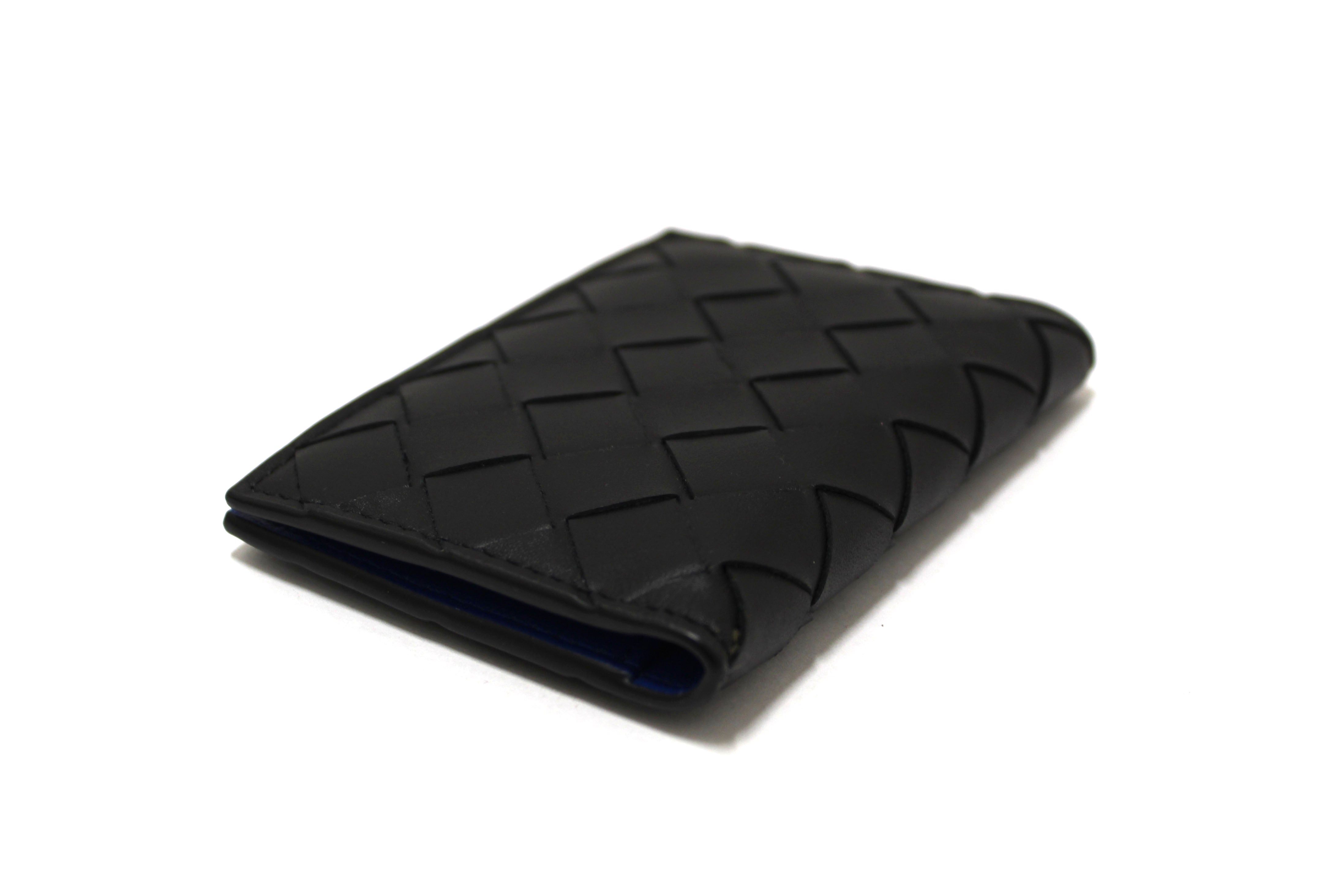 Authentic NEW Bottega Veneta Black Intrecciato Calfskin Leather Card Case with Blue Contrasted Interior