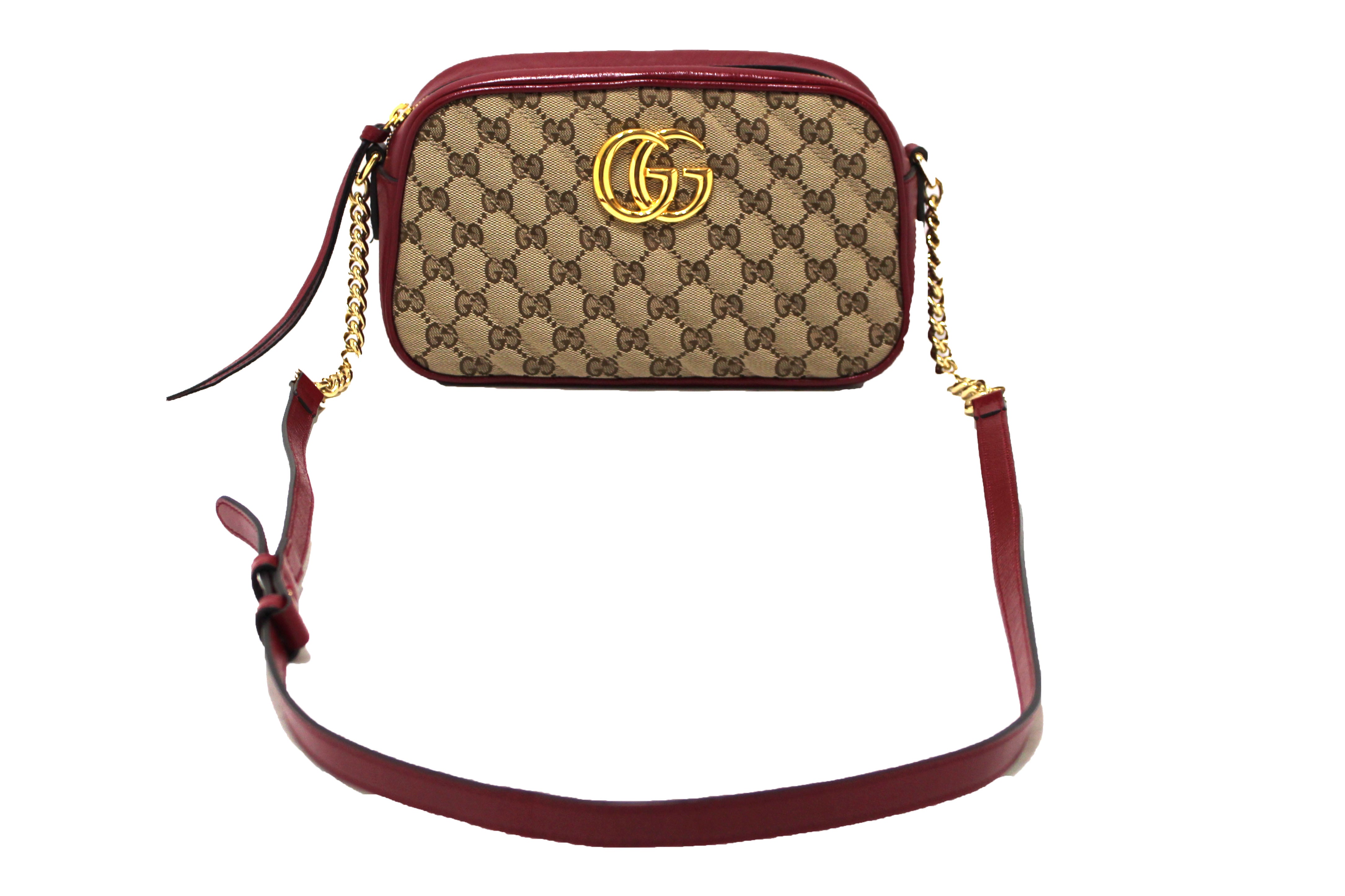 Authentic Gucci Marmont Brown GG Canvas with Red Leather Camera Crossbody Bag