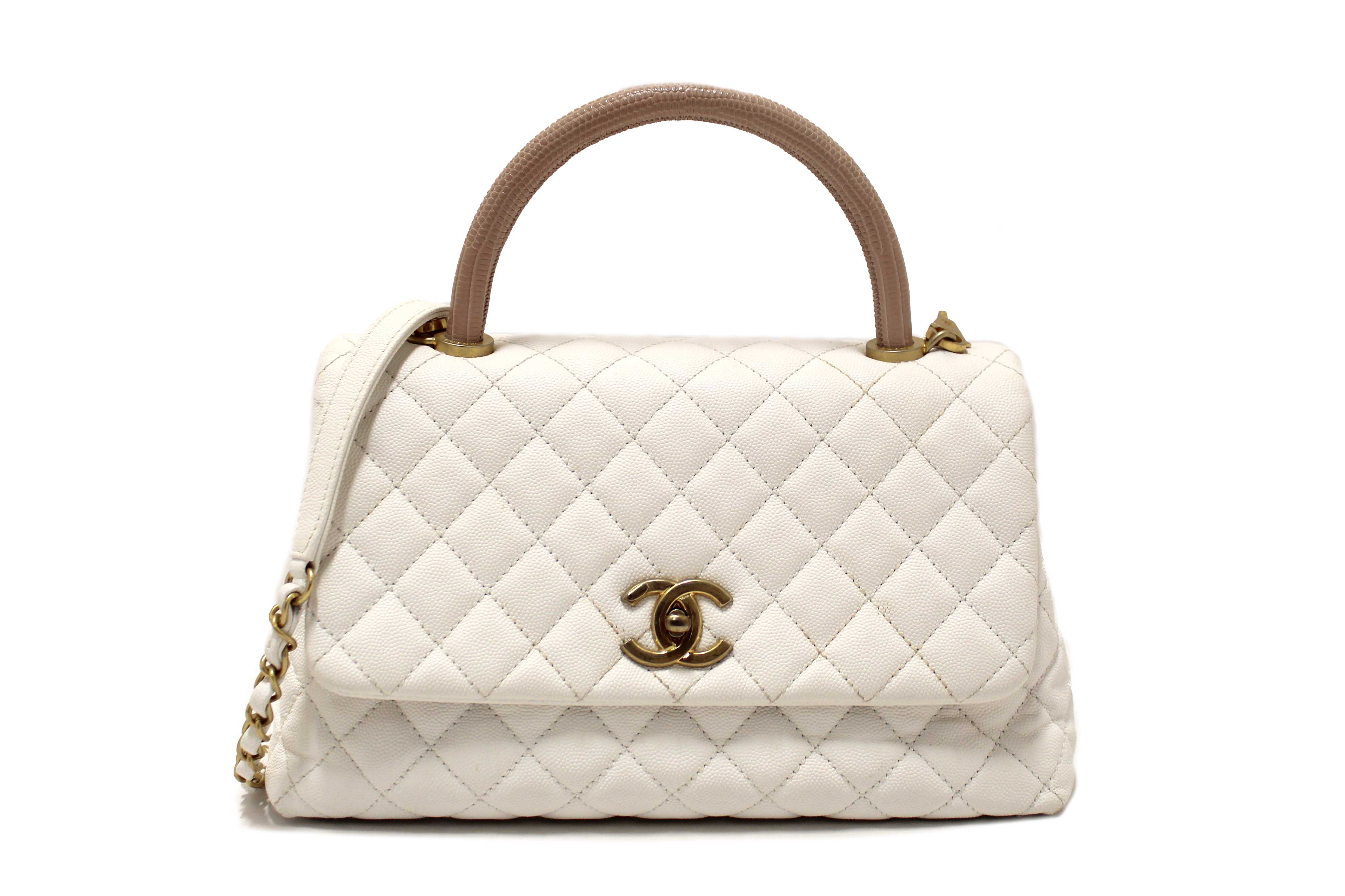 Authentic Chanel Beige and White Quilted Caviar Leather Large CoCo Handle Flap Bag