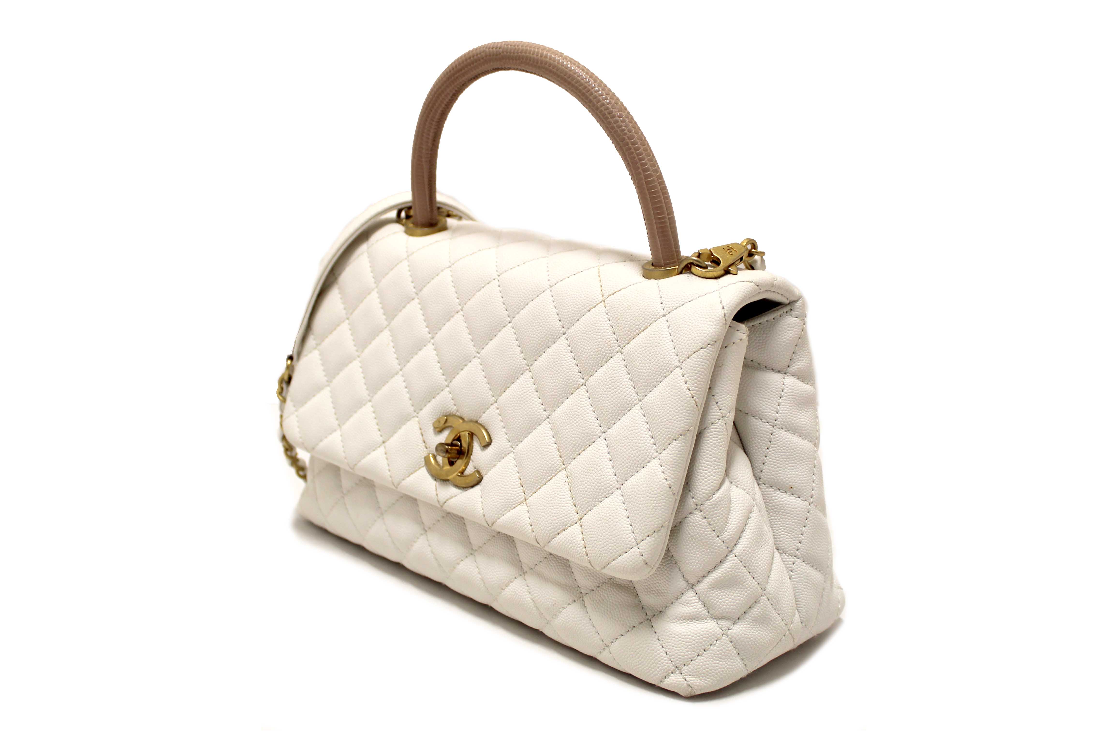 Authentic Chanel Beige and White Quilted Caviar Leather Large CoCo Handle Flap Bag