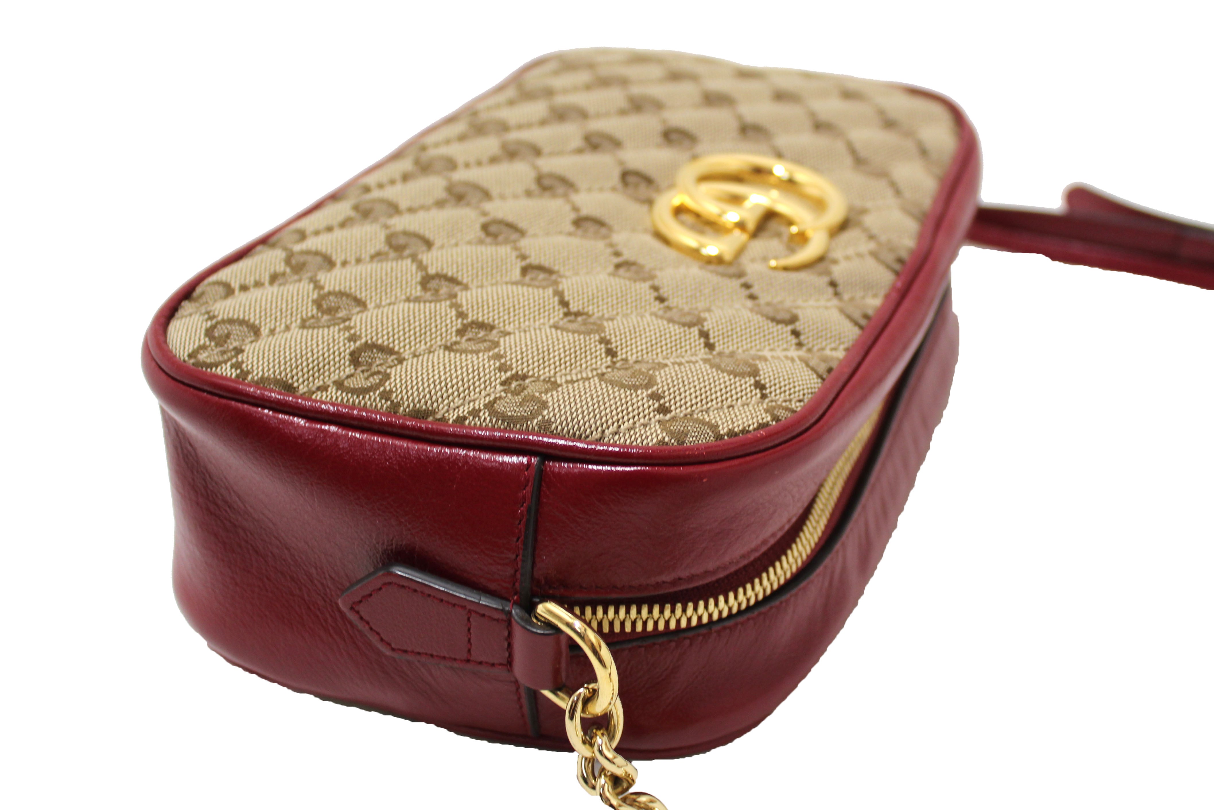 Authentic Gucci Marmont Brown GG Canvas with Red Leather Camera Crossbody Bag