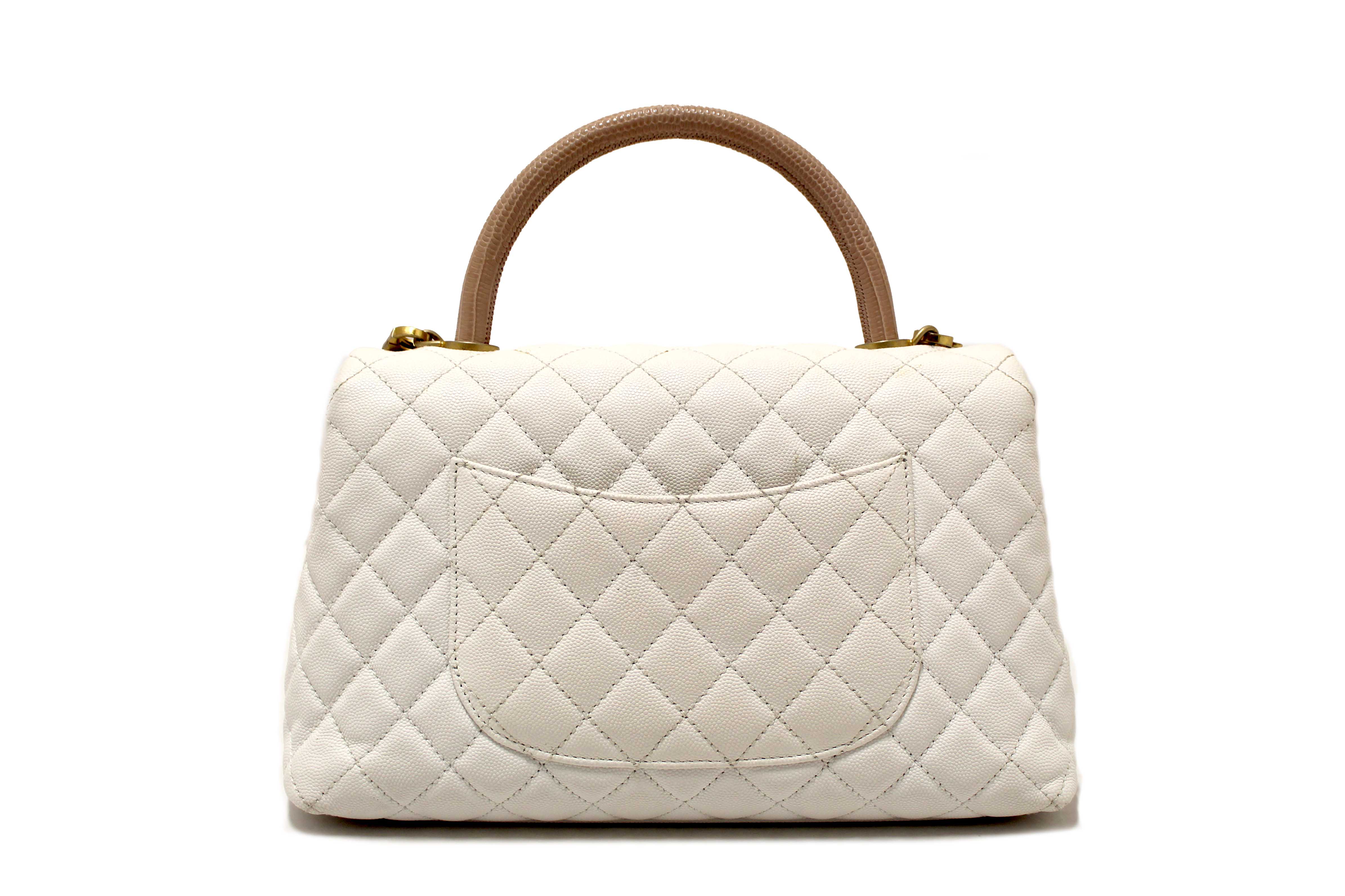 Authentic Chanel Beige and White Quilted Caviar Leather Large CoCo Handle Flap Bag
