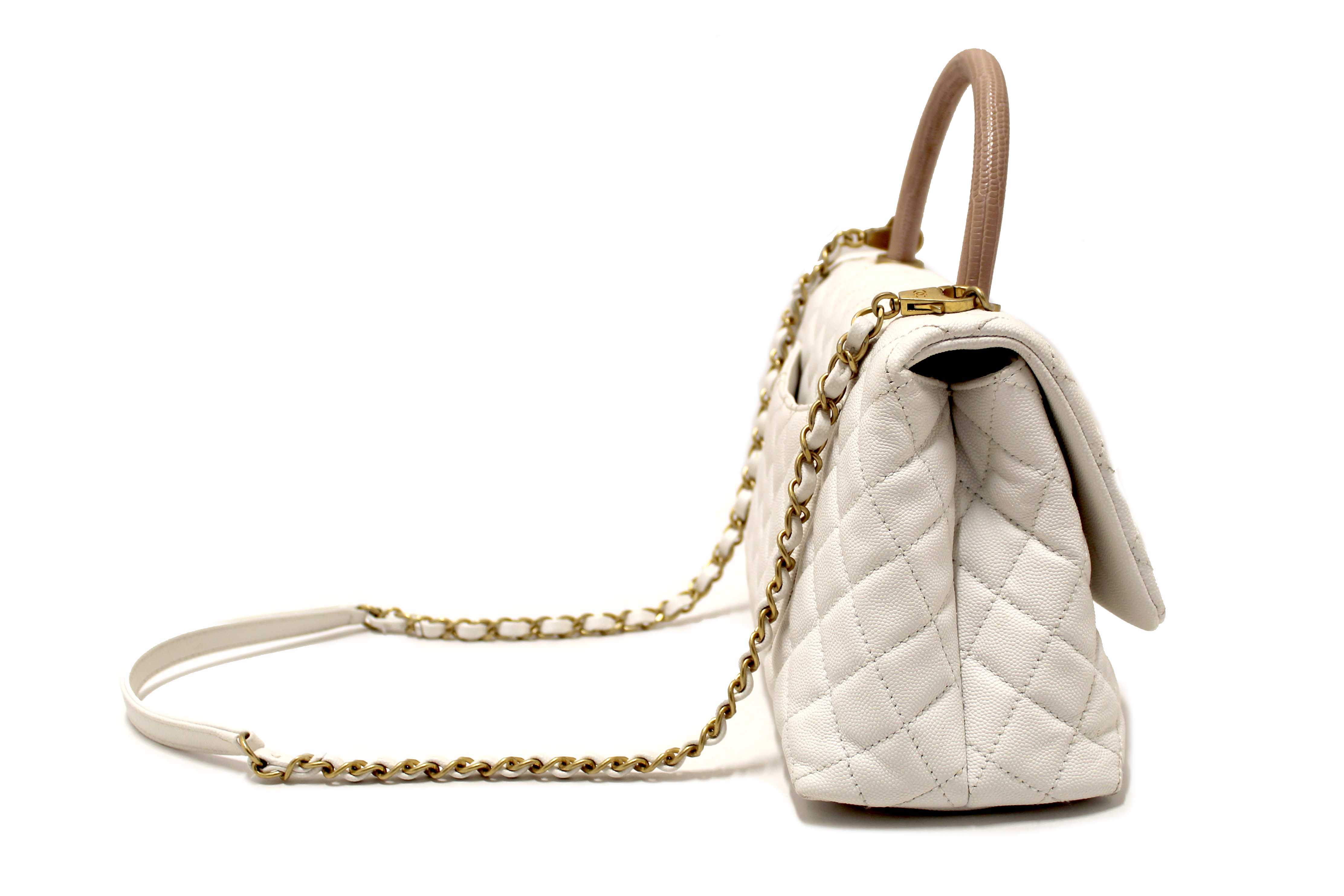 Authentic Chanel Beige and White Quilted Caviar Leather Large CoCo Handle Flap Bag