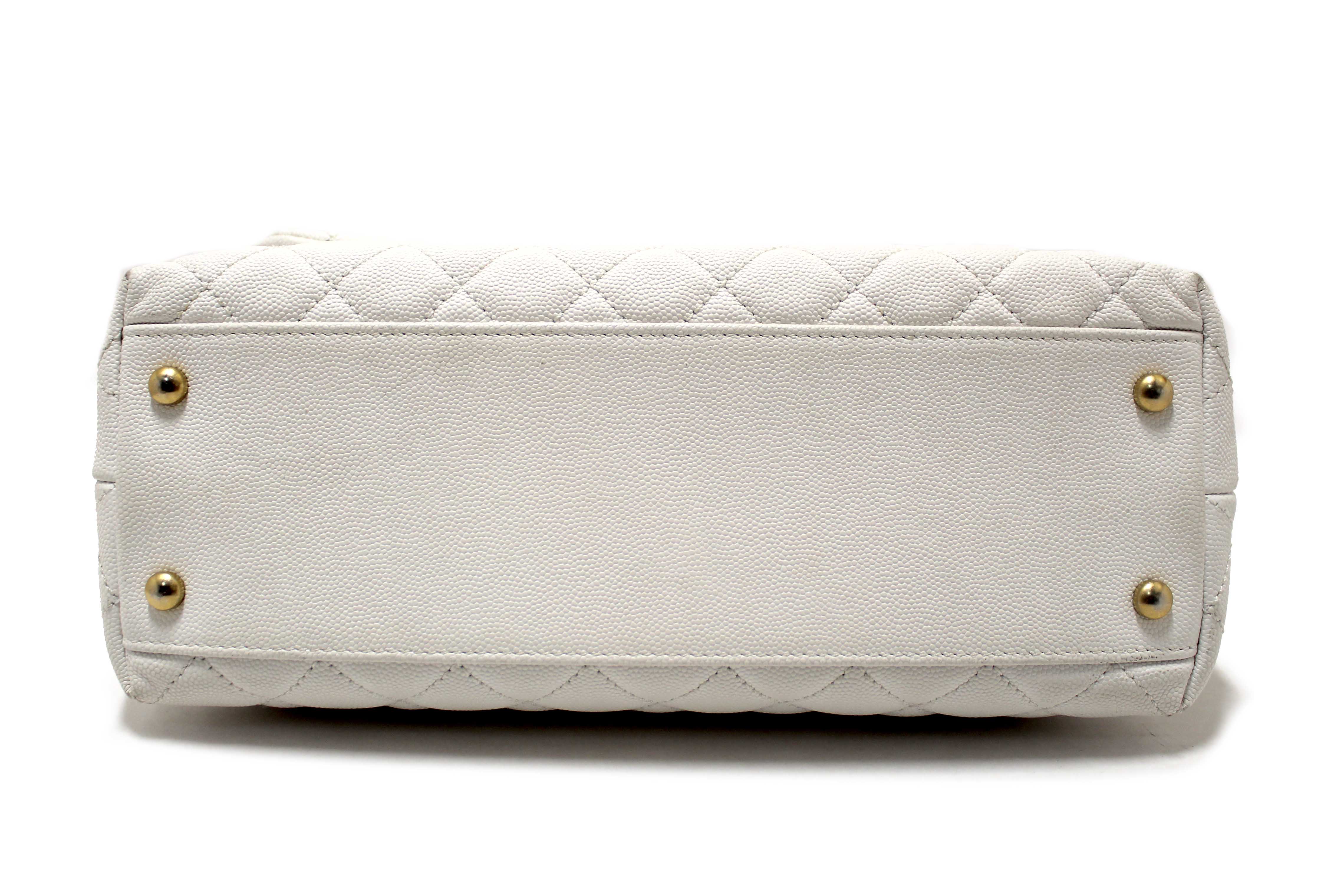 Authentic Chanel Beige and White Quilted Caviar Leather Large CoCo Handle Flap Bag