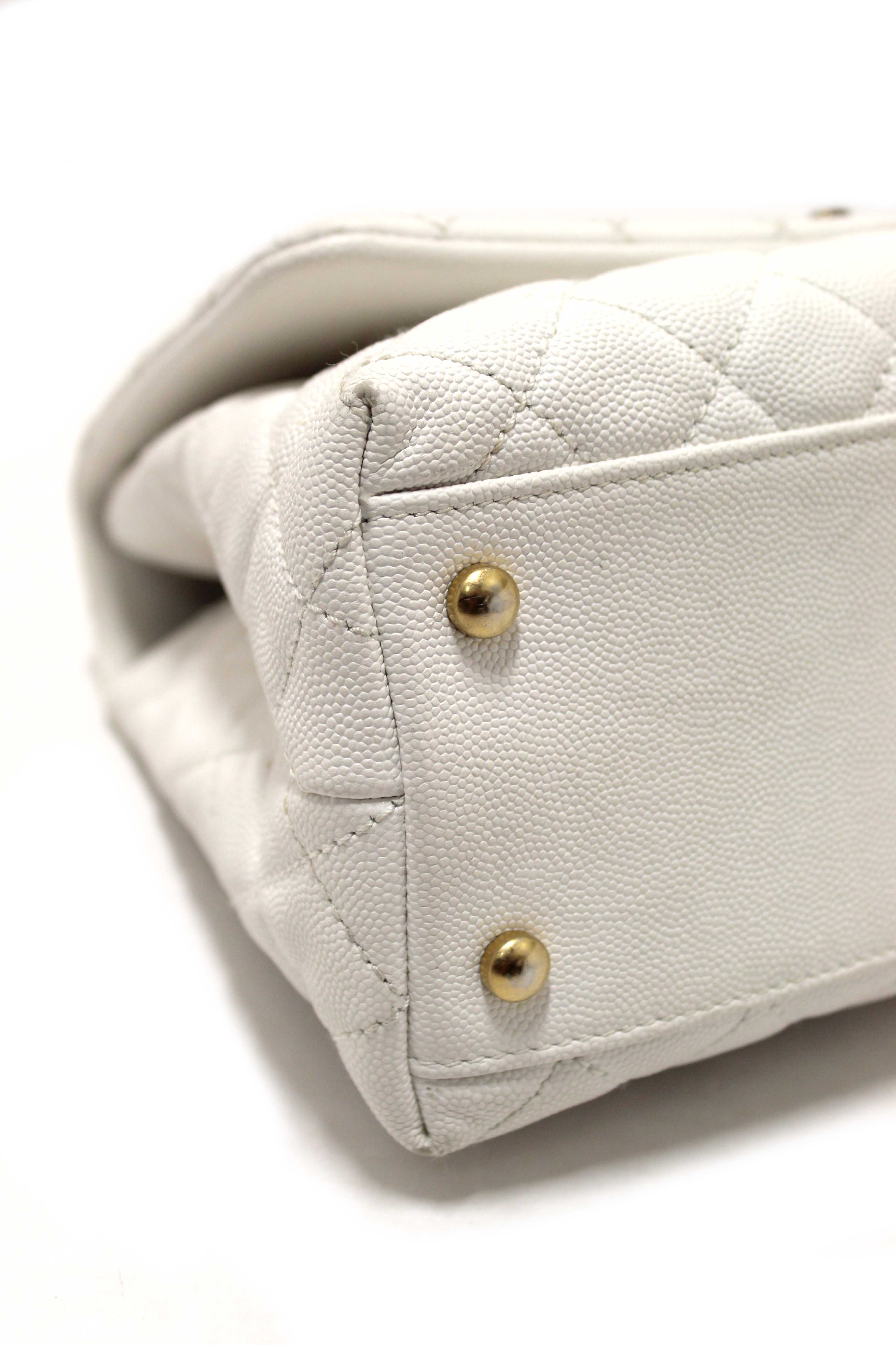 Authentic Chanel Beige and White Quilted Caviar Leather Large CoCo Handle Flap Bag