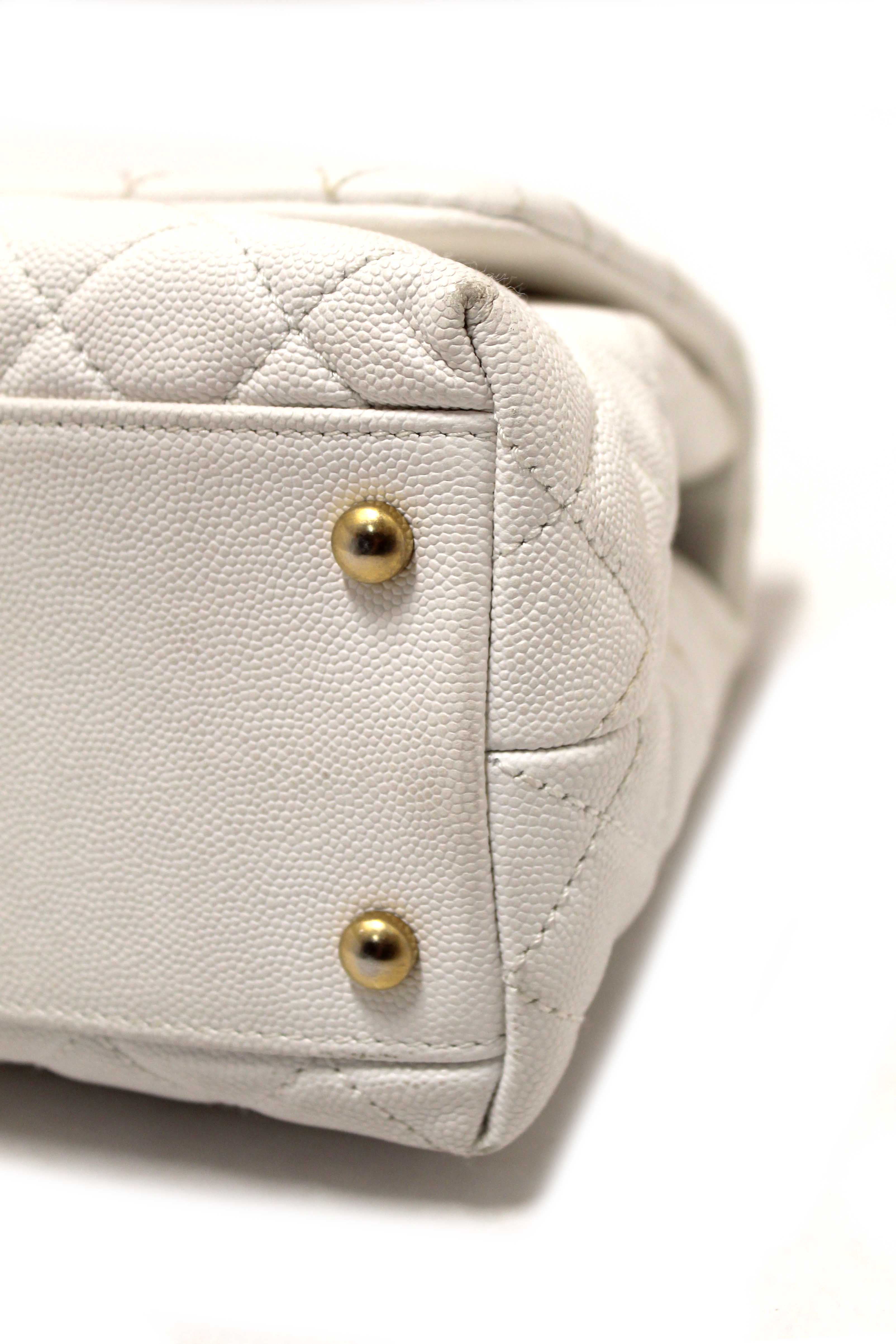 Authentic Chanel Beige and White Quilted Caviar Leather Large CoCo Handle Flap Bag