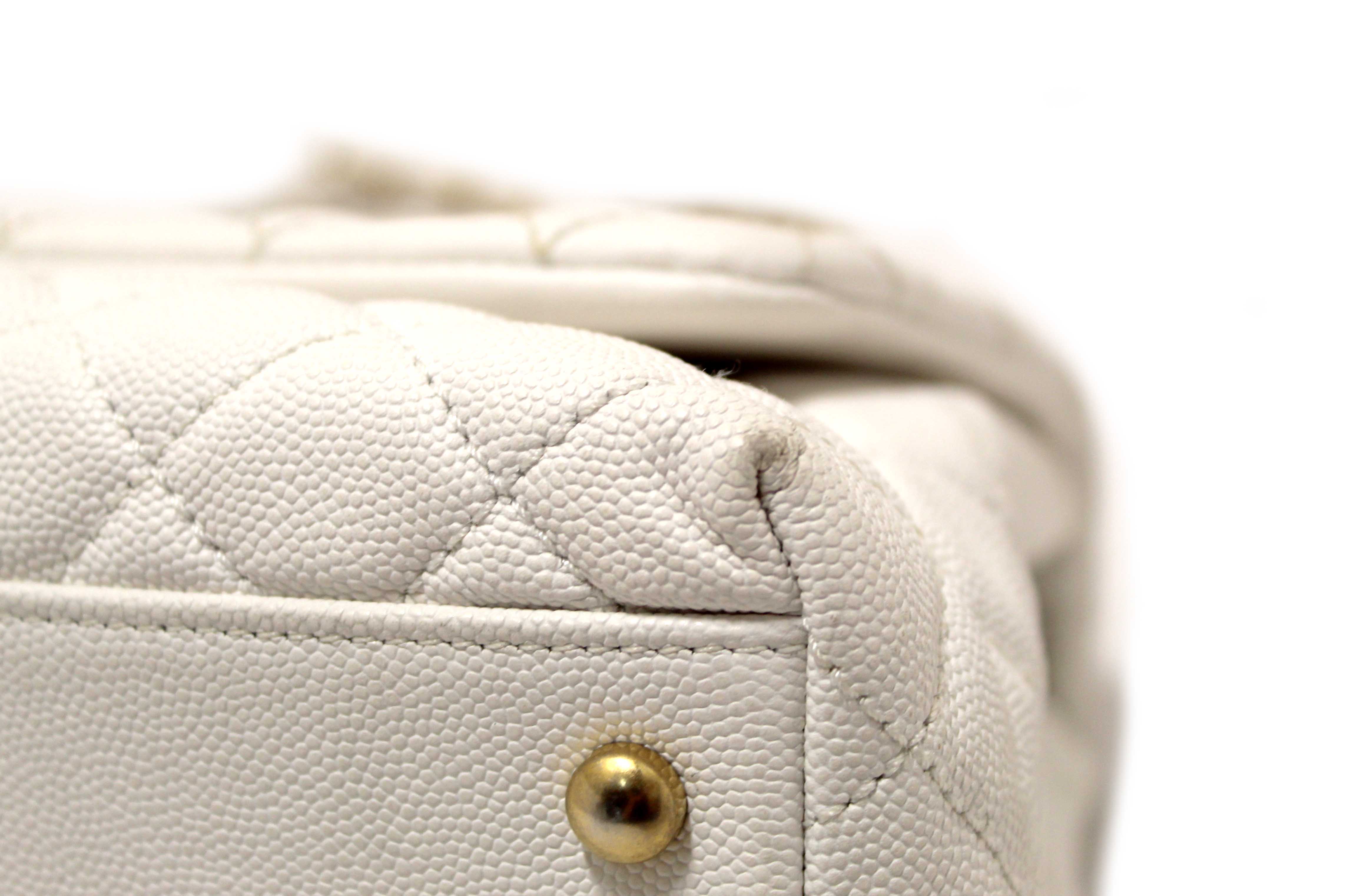 Authentic Chanel Beige and White Quilted Caviar Leather Large CoCo Handle Flap Bag