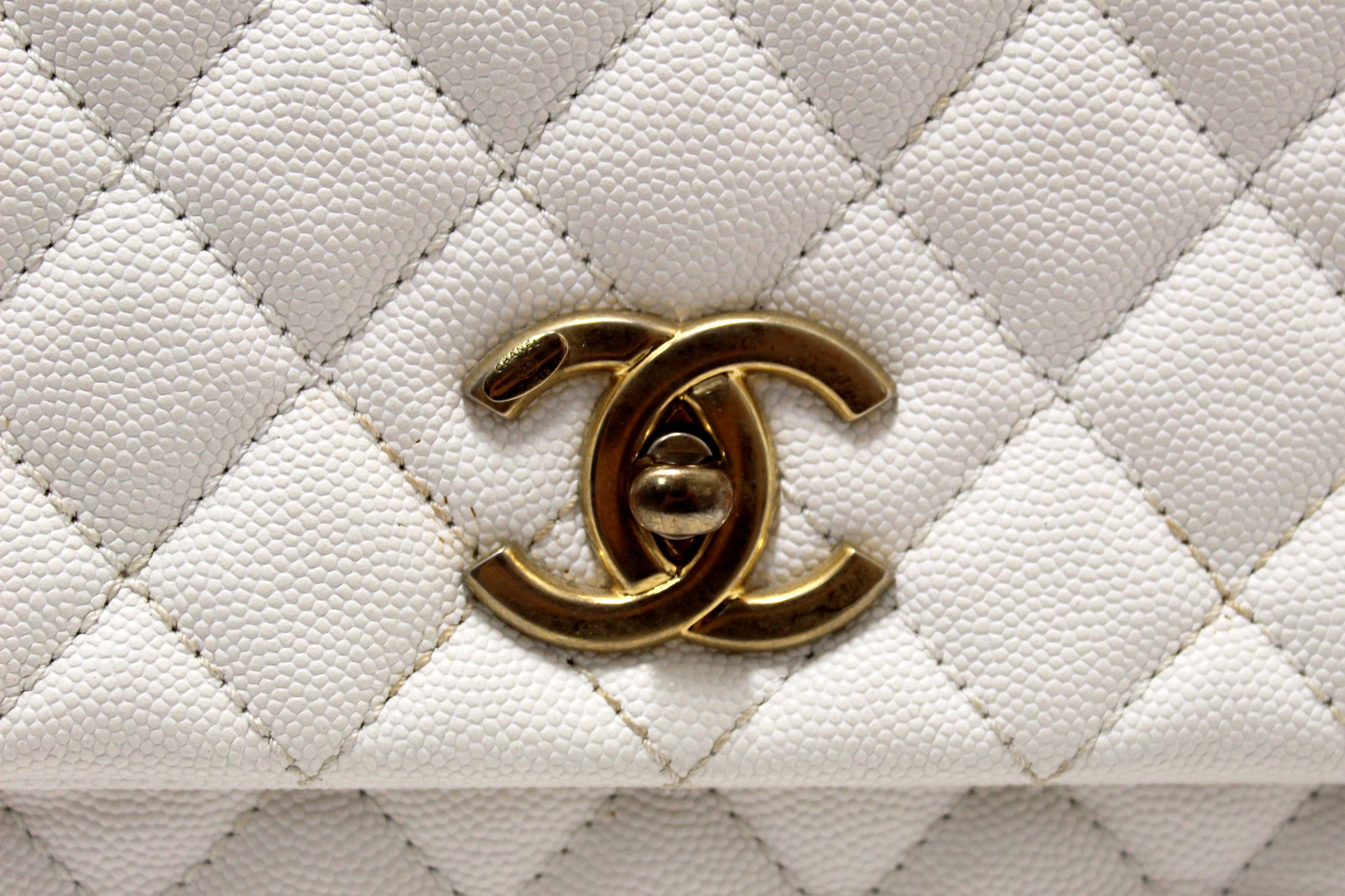 Authentic Chanel Beige and White Quilted Caviar Leather Large CoCo Handle Flap Bag